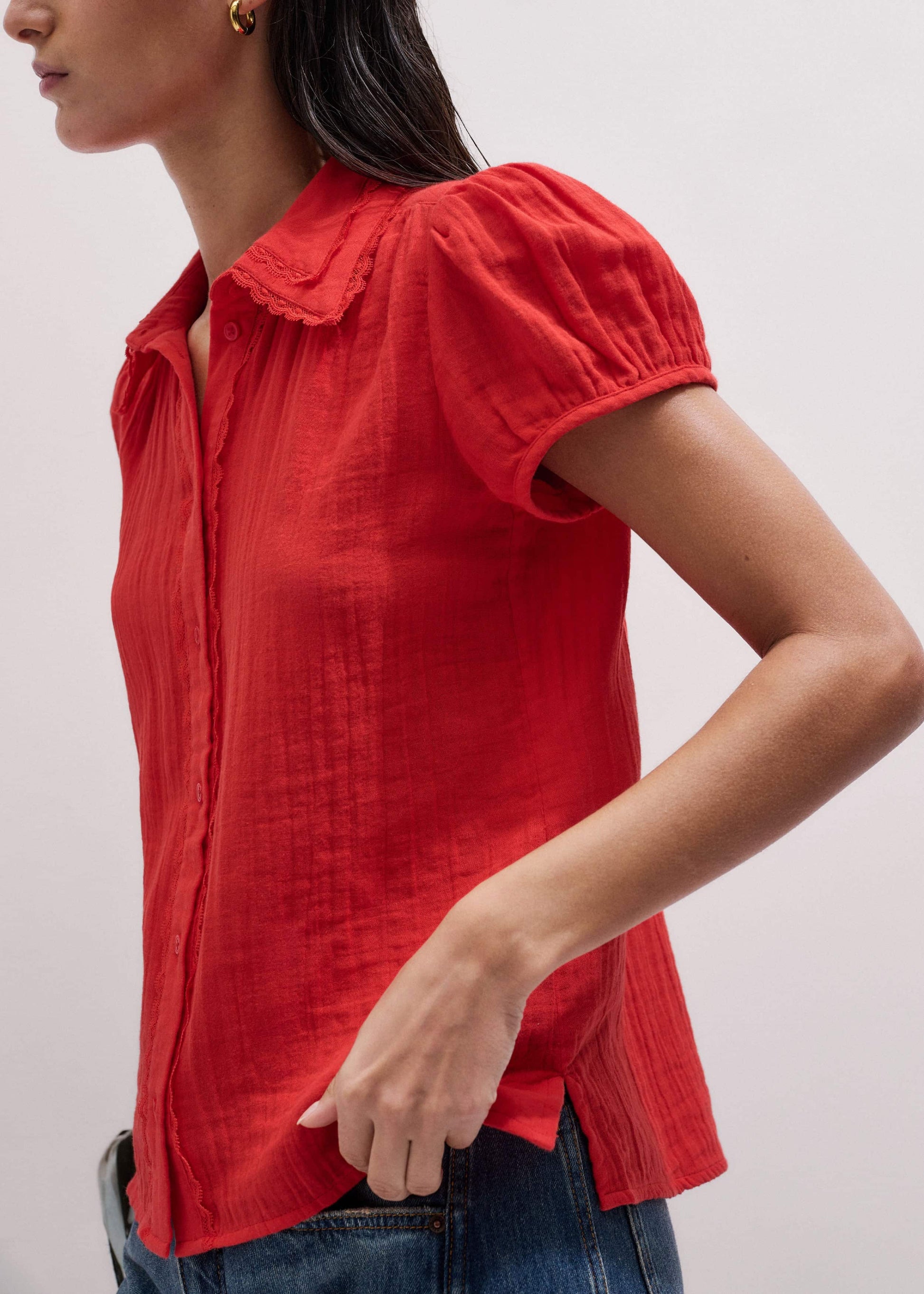 ME and EM Clothing Red Cheesecloth Cap-Sleeve Blouse