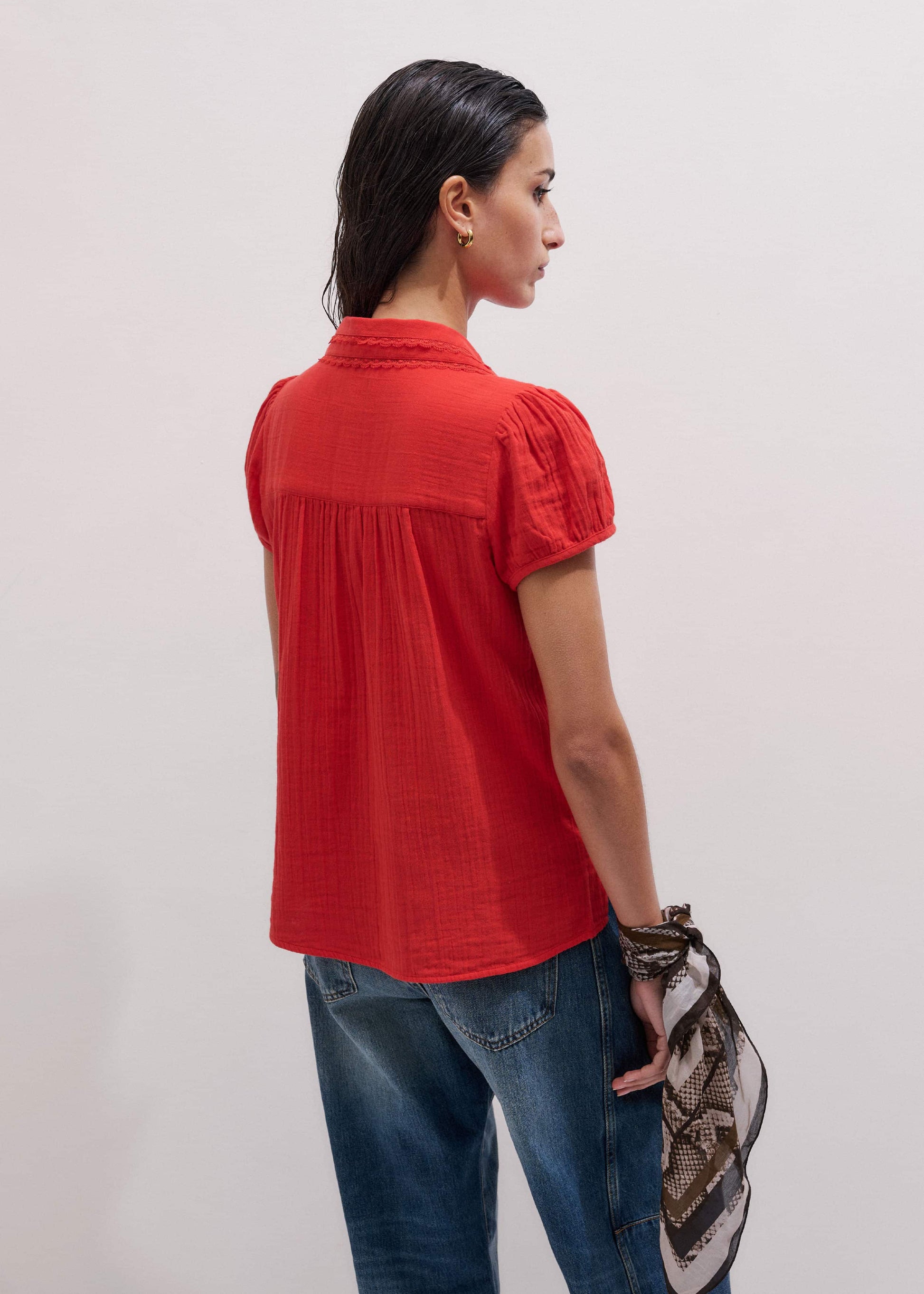 ME and EM Clothing Red Cheesecloth Cap-Sleeve Blouse
