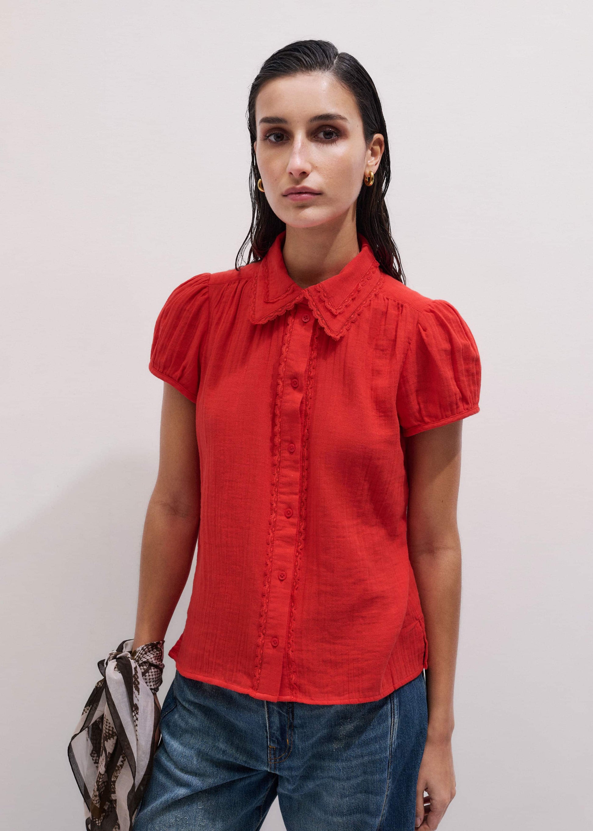 ME and EM Clothing Red Cheesecloth Cap-Sleeve Blouse