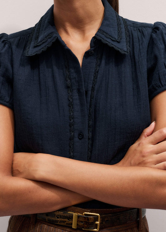 ME and EM Clothing Navy Cheesecloth Cap-Sleeve Blouse