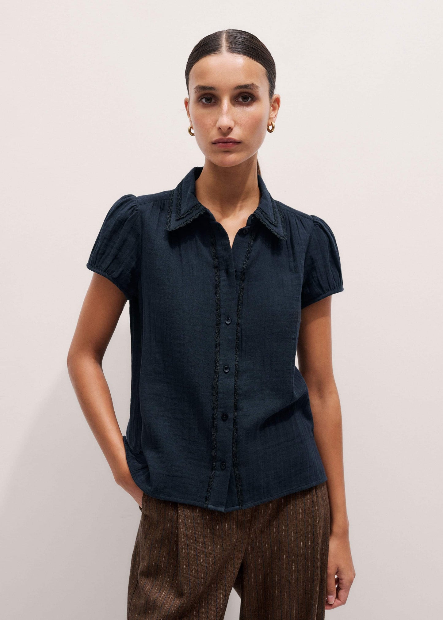ME and EM Clothing Navy Cheesecloth Cap-Sleeve Blouse