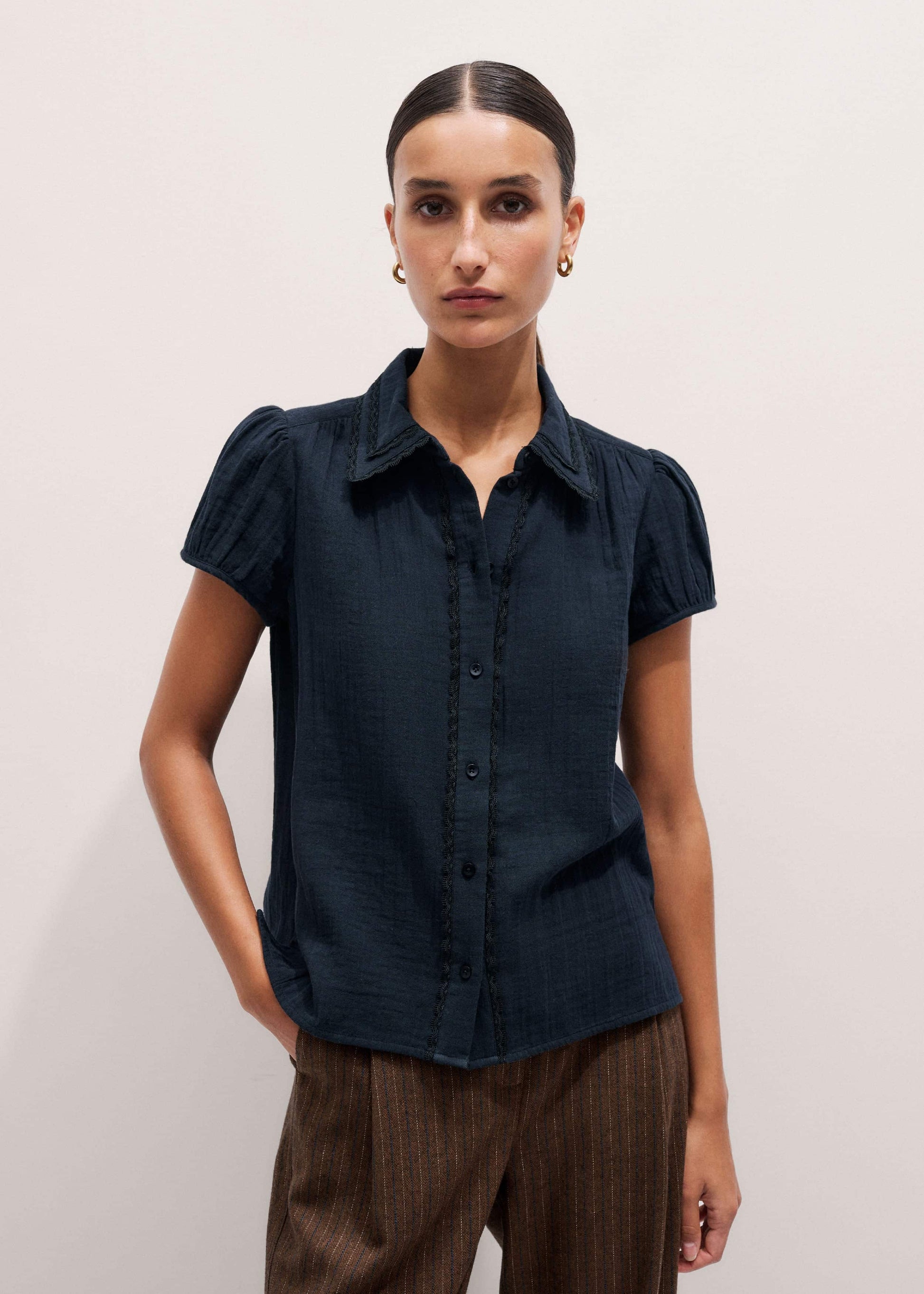 ME and EM Clothing Navy Cheesecloth Cap-Sleeve Blouse