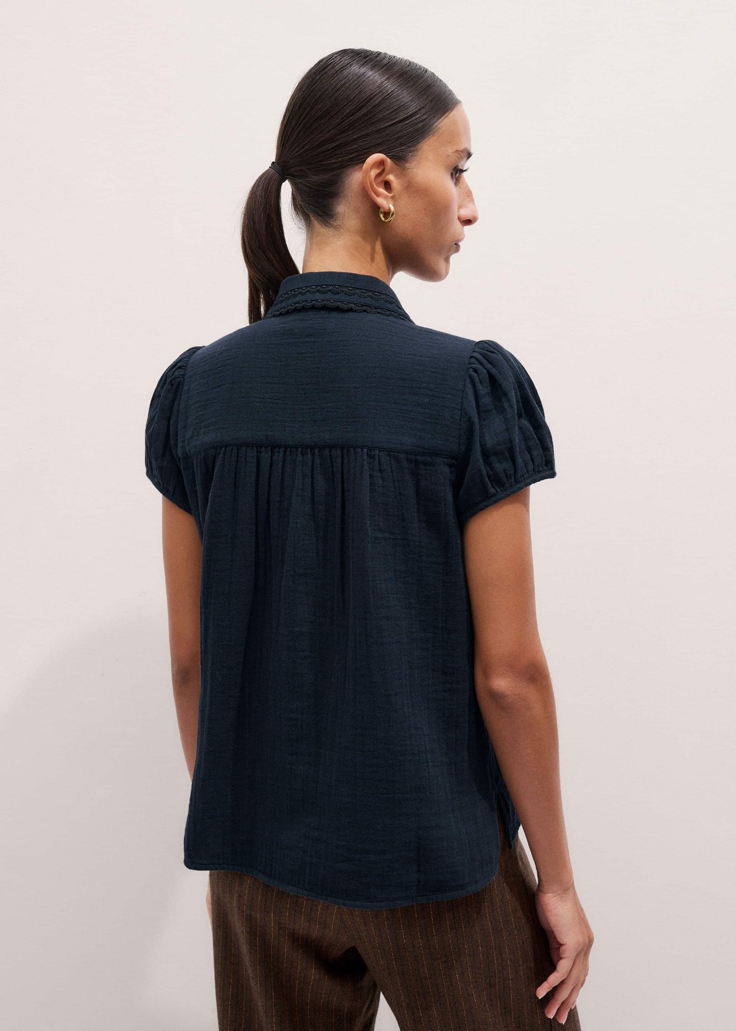 ME and EM Clothing Navy Cheesecloth Cap-Sleeve Blouse