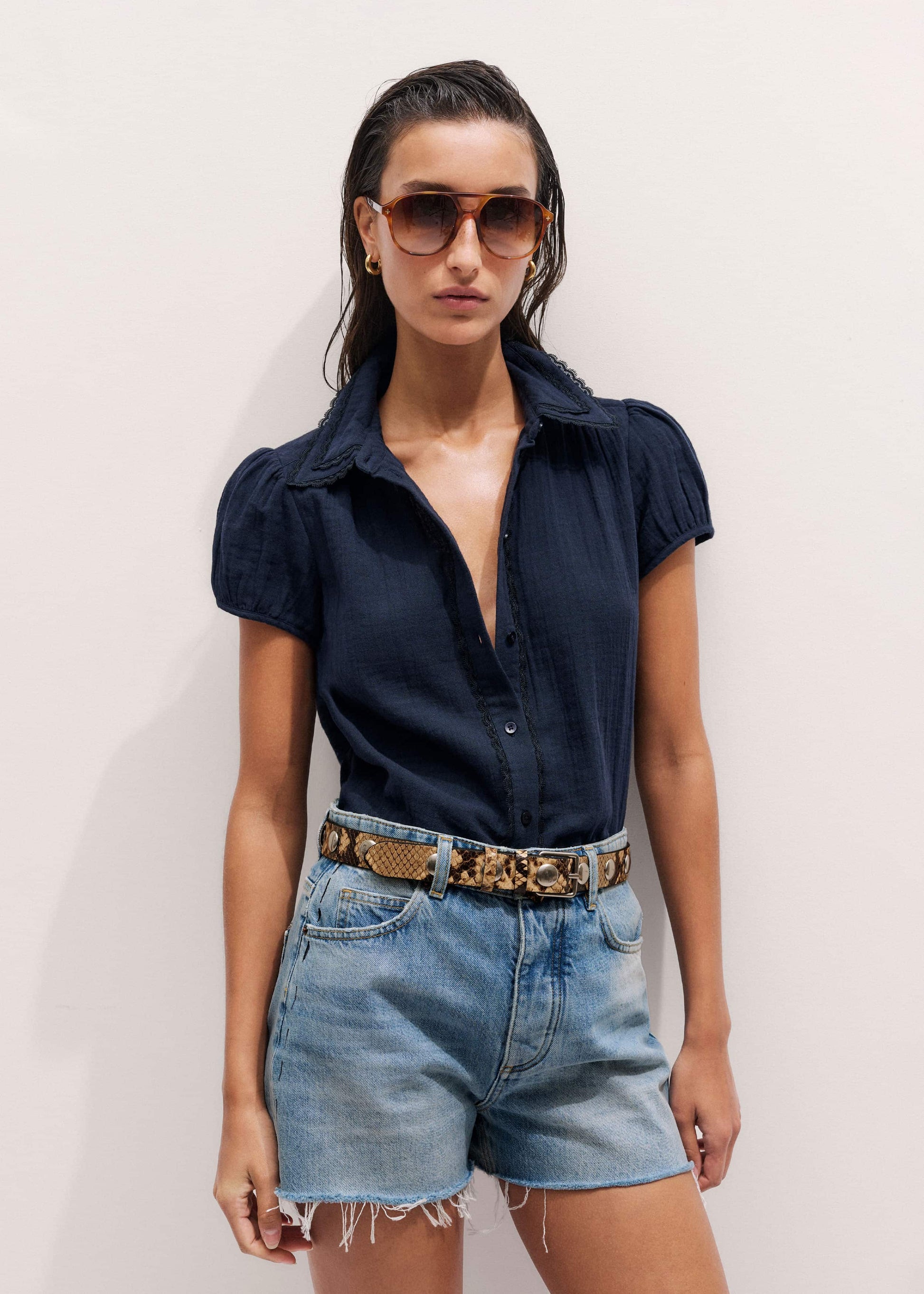 ME and EM Clothing Navy Cheesecloth Cap-Sleeve Blouse