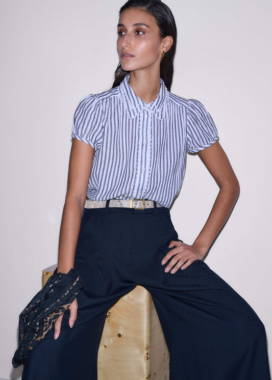 ME and EM Clothing Navy Cheesecloth Stripe Cap-Sleeve Blouse