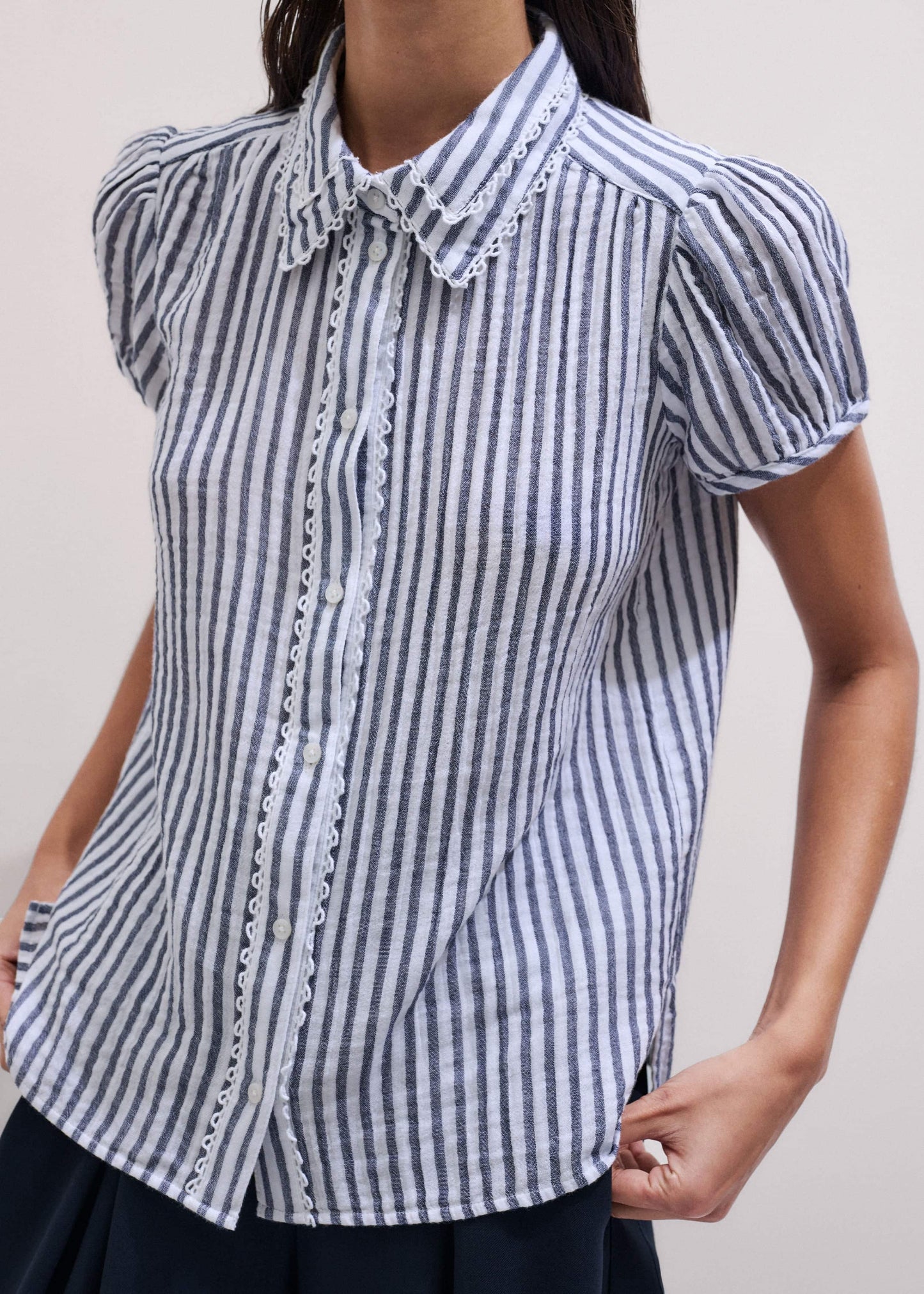 ME and EM Clothing Navy Cheesecloth Stripe Cap-Sleeve Blouse