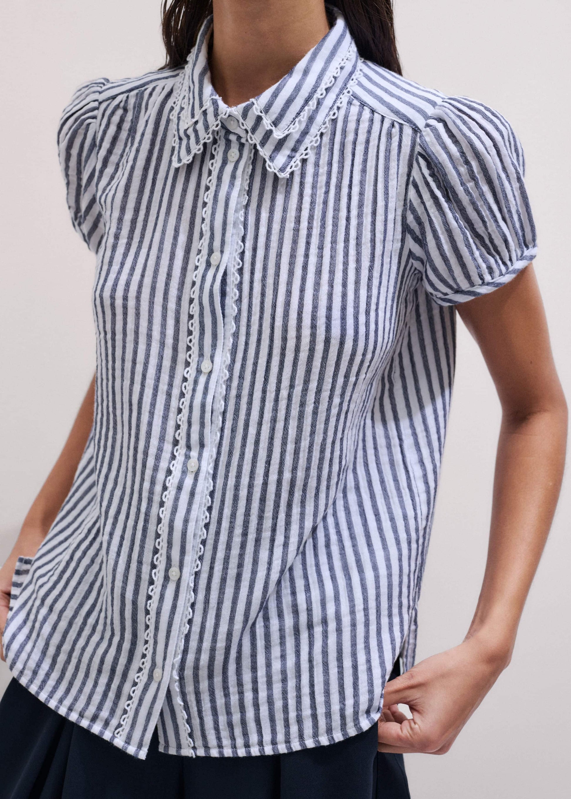 ME and EM Clothing Navy Cheesecloth Stripe Cap-Sleeve Blouse