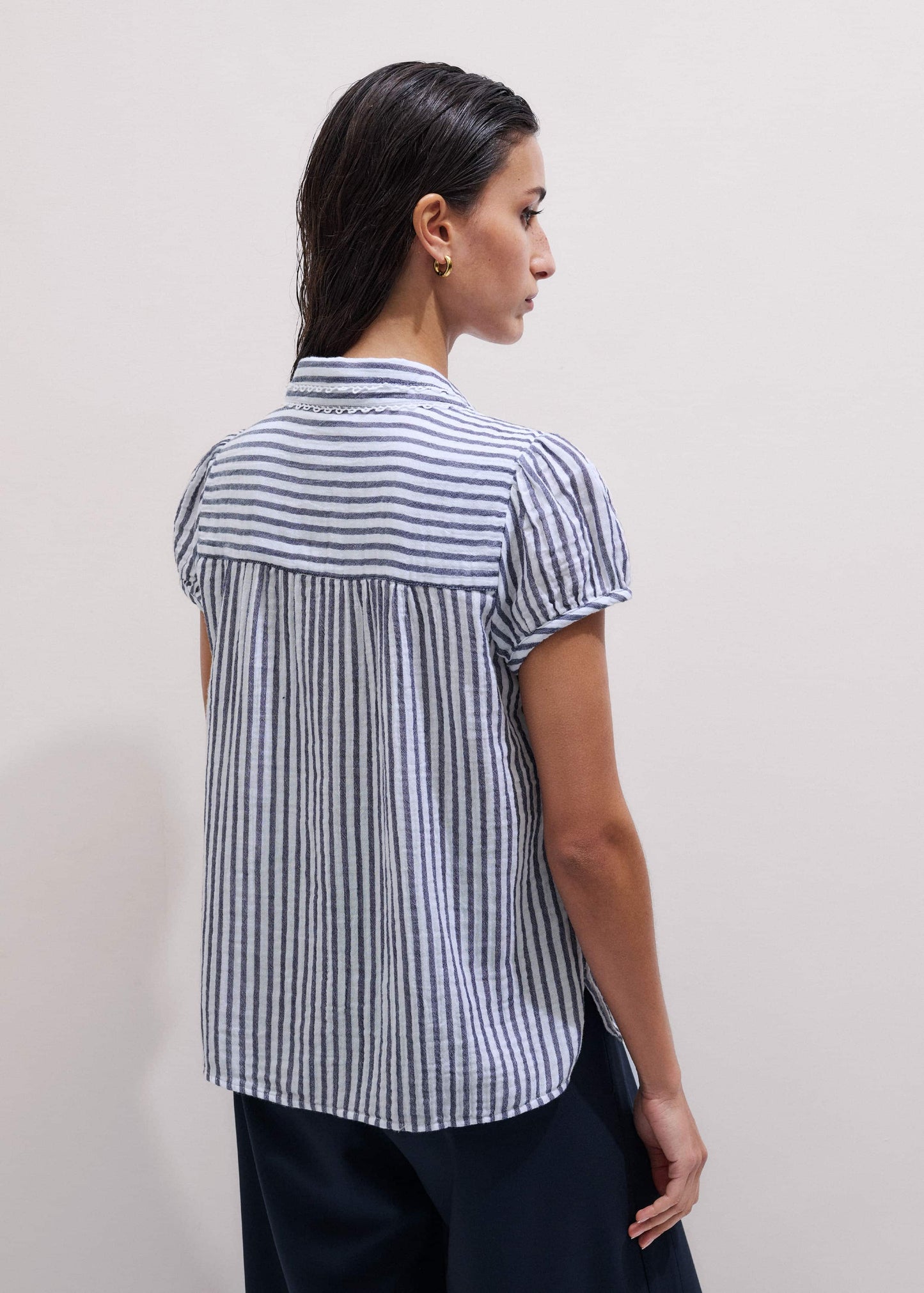 ME and EM Clothing Navy Cheesecloth Stripe Cap-Sleeve Blouse