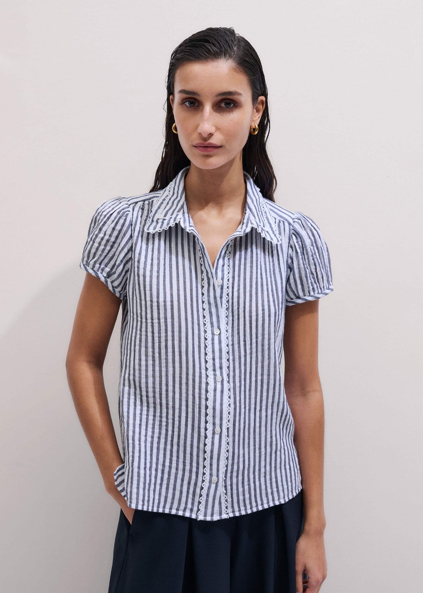ME and EM Clothing Navy Cheesecloth Stripe Cap-Sleeve Blouse