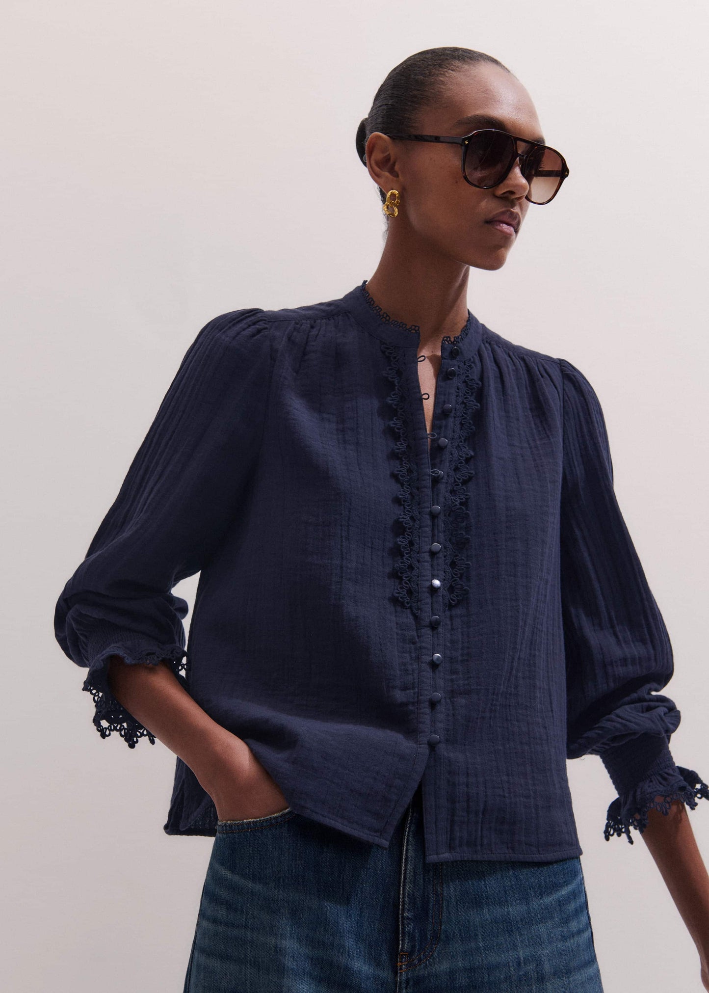ME and EM Clothing Navy Cheesecloth Intricate Detail Blouse