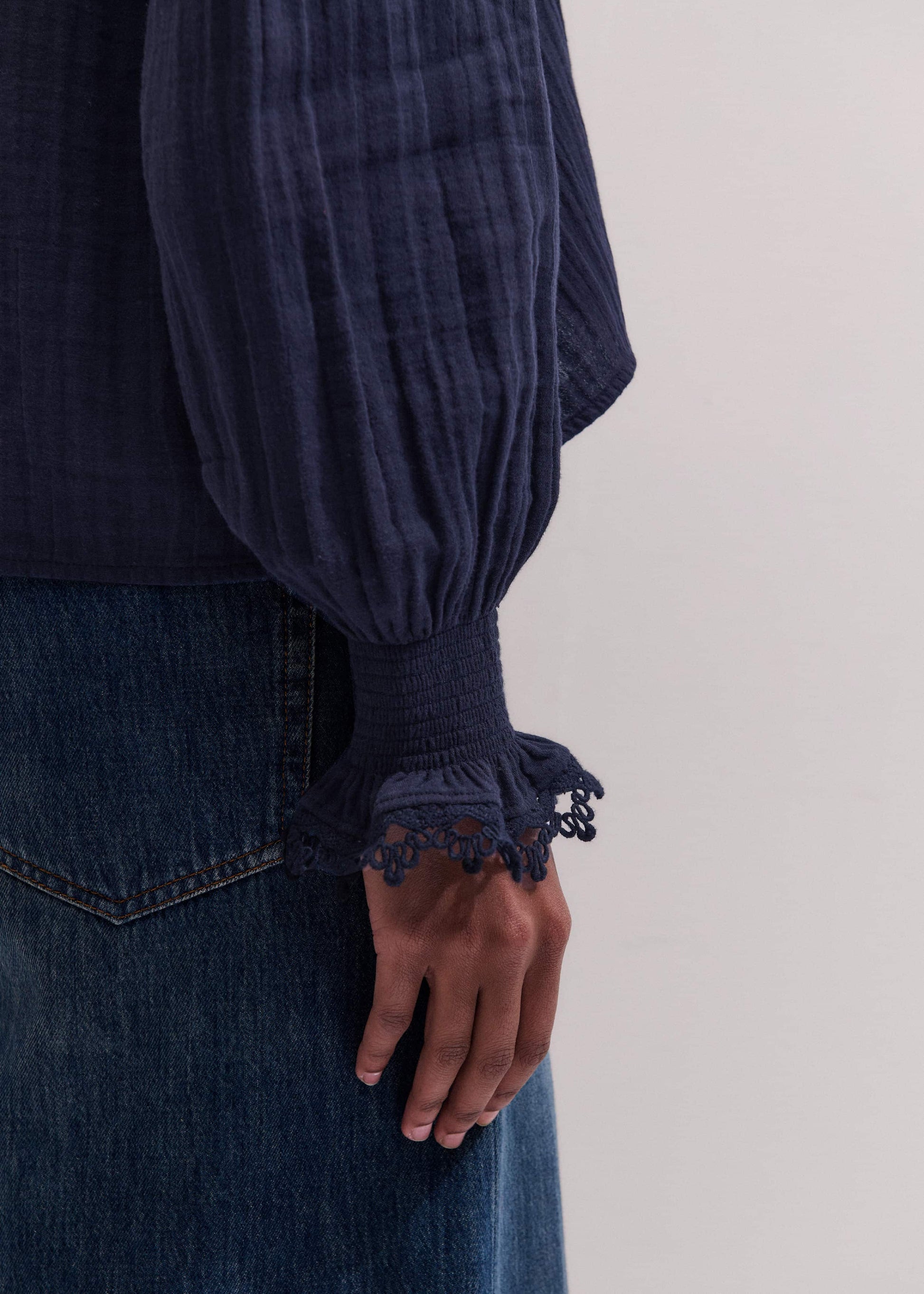 ME and EM Clothing Navy Cheesecloth Intricate Detail Blouse
