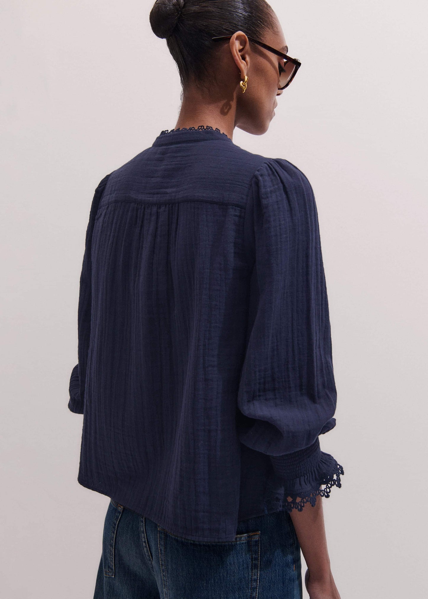 ME and EM Clothing Navy Cheesecloth Intricate Detail Blouse