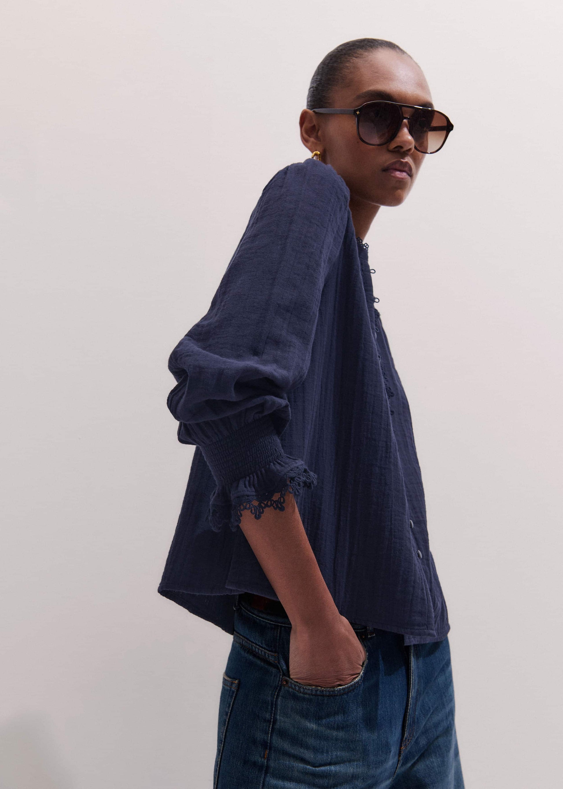 ME and EM Clothing Navy Cheesecloth Intricate Detail Blouse