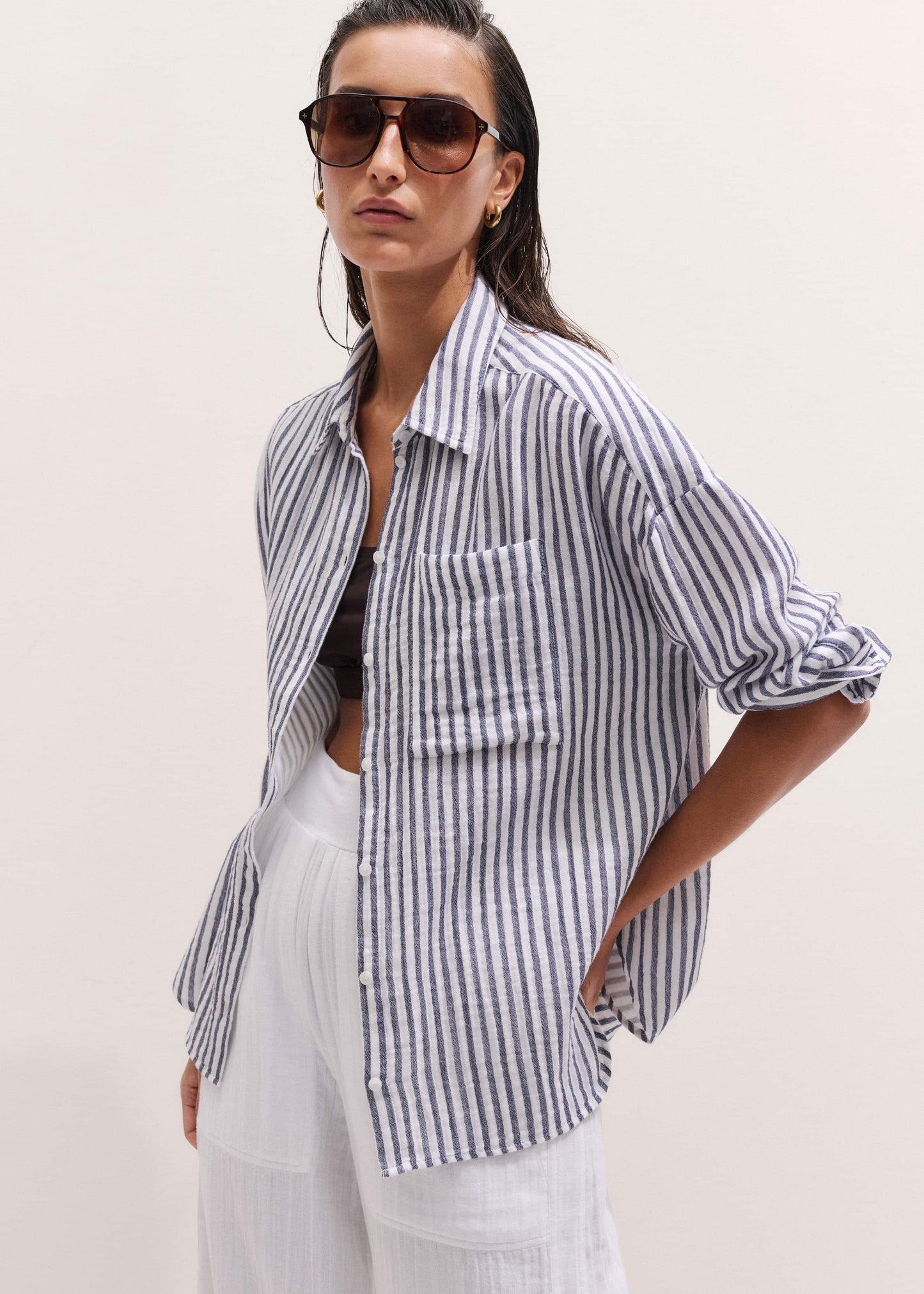 ME and EM Clothing Navy Cheesecloth Relaxed Stripe Shirt