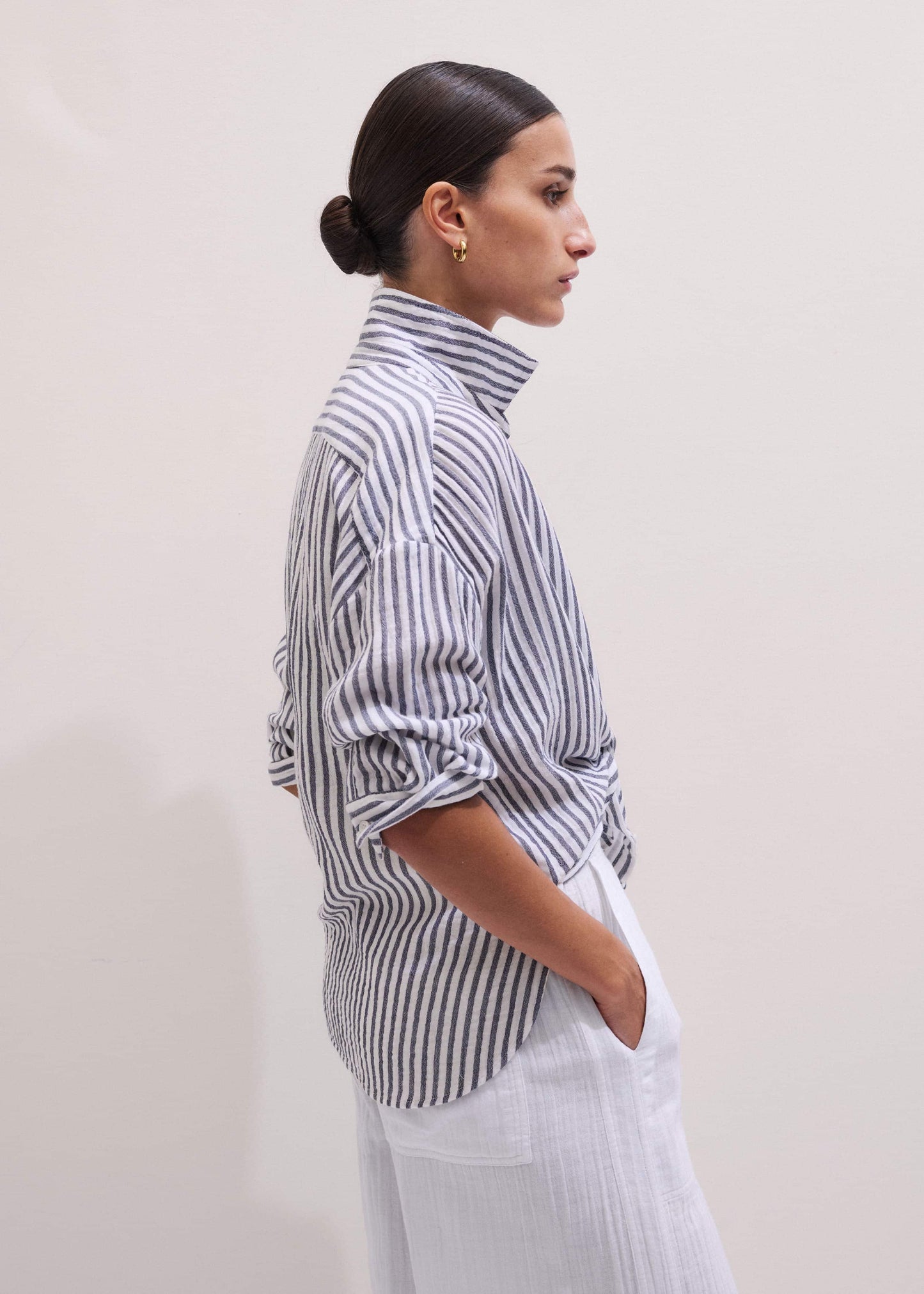 ME and EM Clothing Navy Cheesecloth Relaxed Stripe Shirt