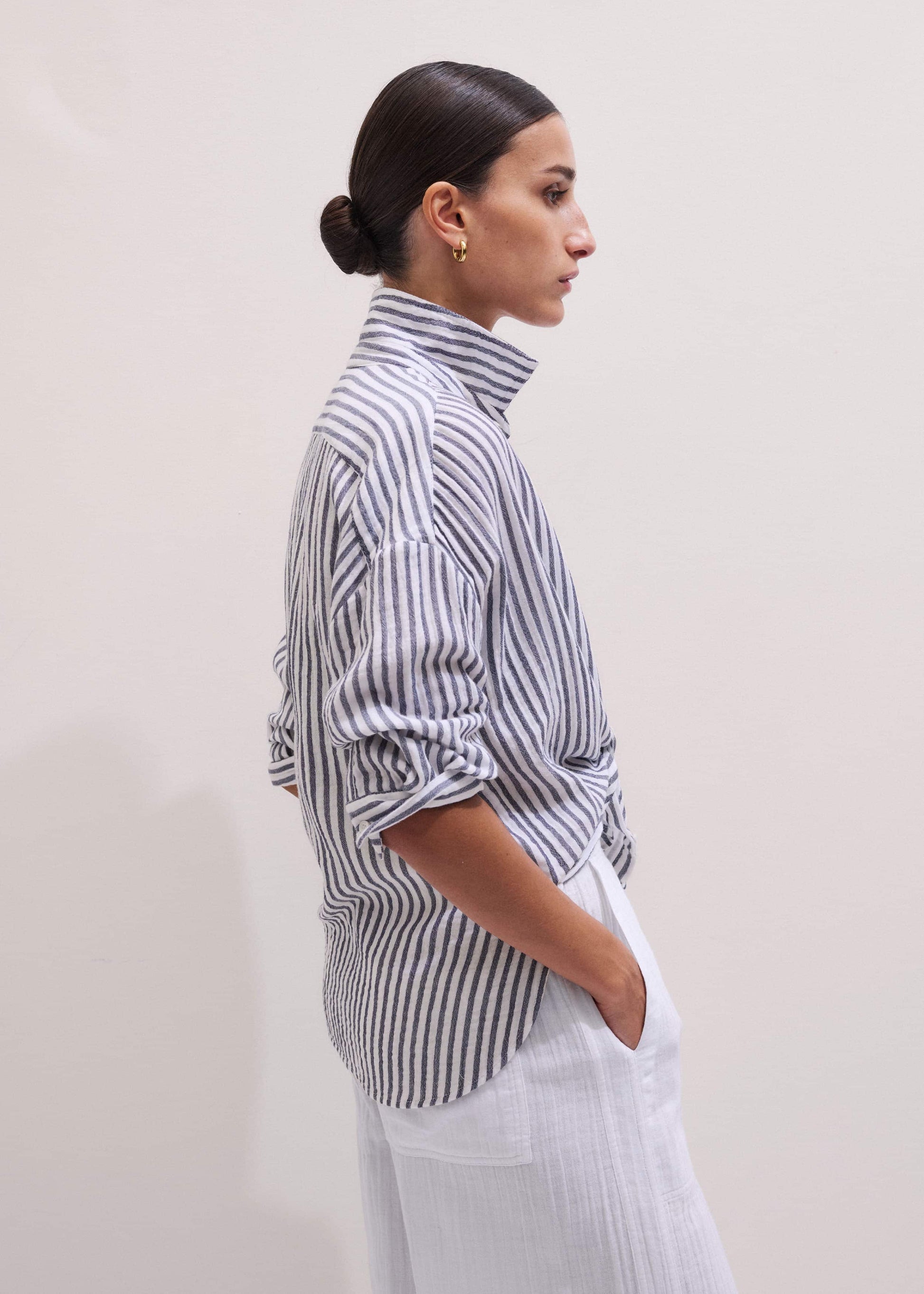 ME and EM Clothing Navy Cheesecloth Relaxed Stripe Shirt