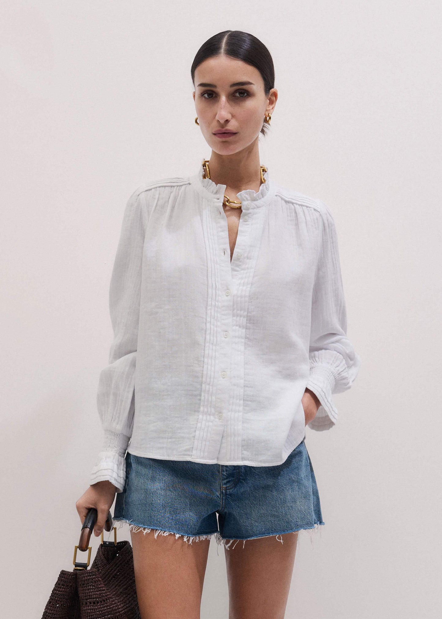 ME and EM Clothing White Cheesecloth Pleat Detail Blouse