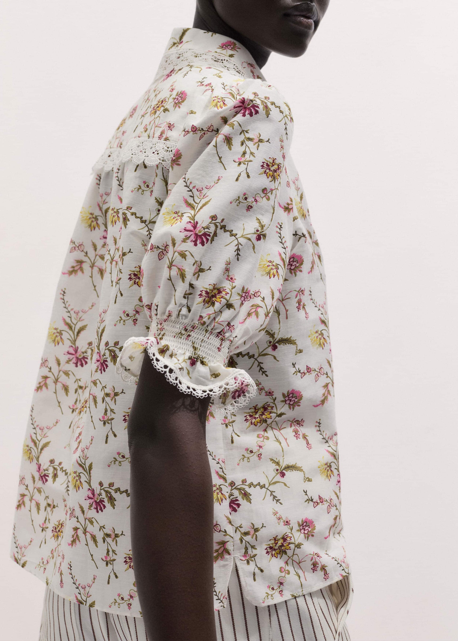 ME and EM Clothing Cream Silk Cotton Wild Spring Floral Print Blouse