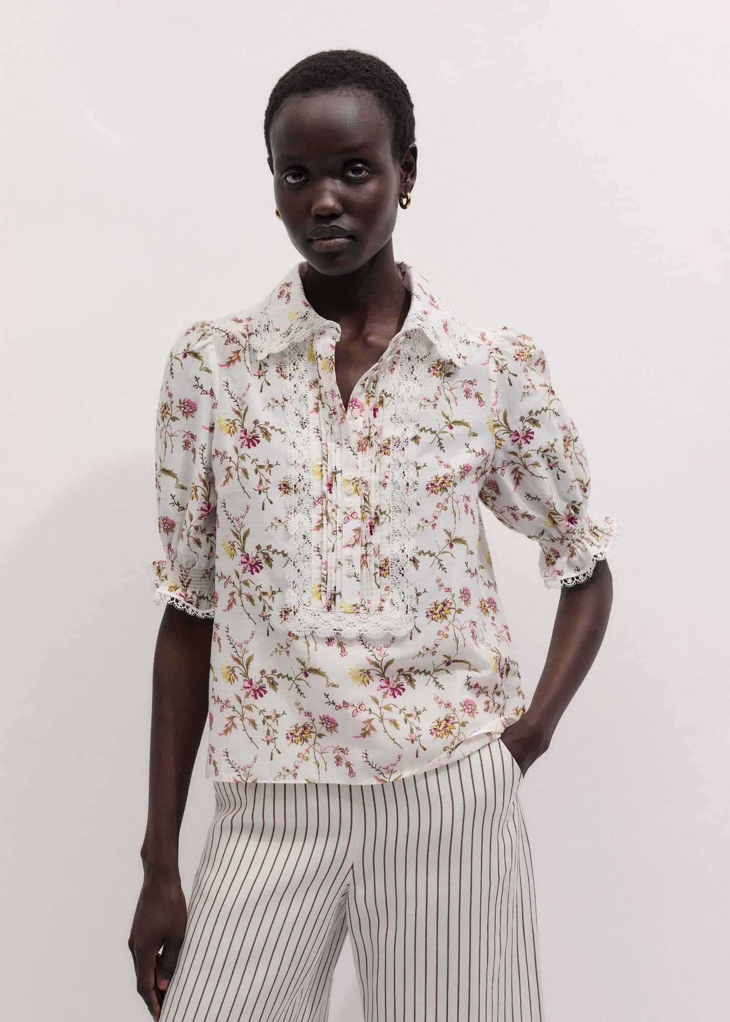 ME and EM Clothing Cream Silk Cotton Wild Spring Floral Print Blouse