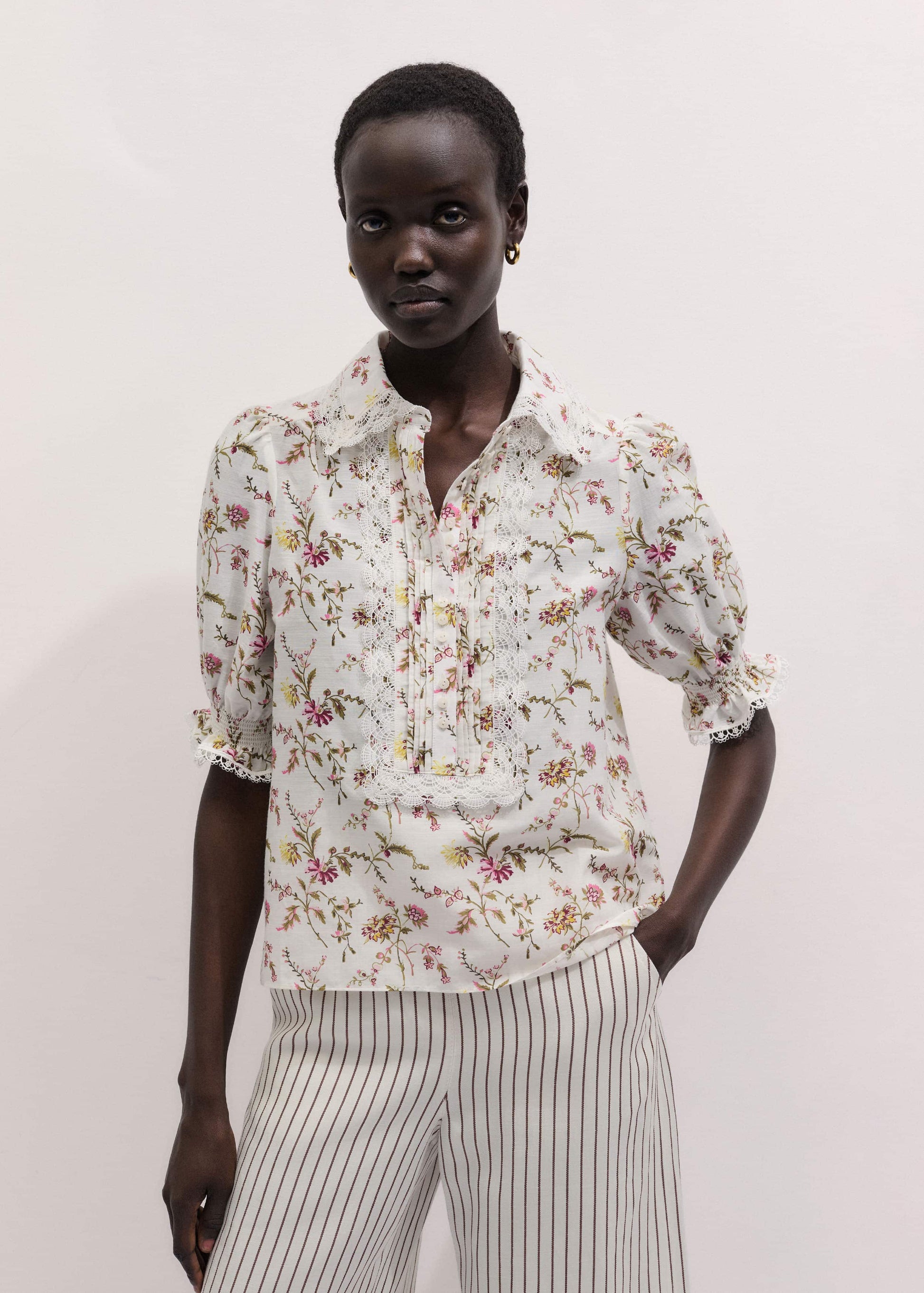 ME and EM Clothing Cream Silk Cotton Wild Spring Floral Print Blouse