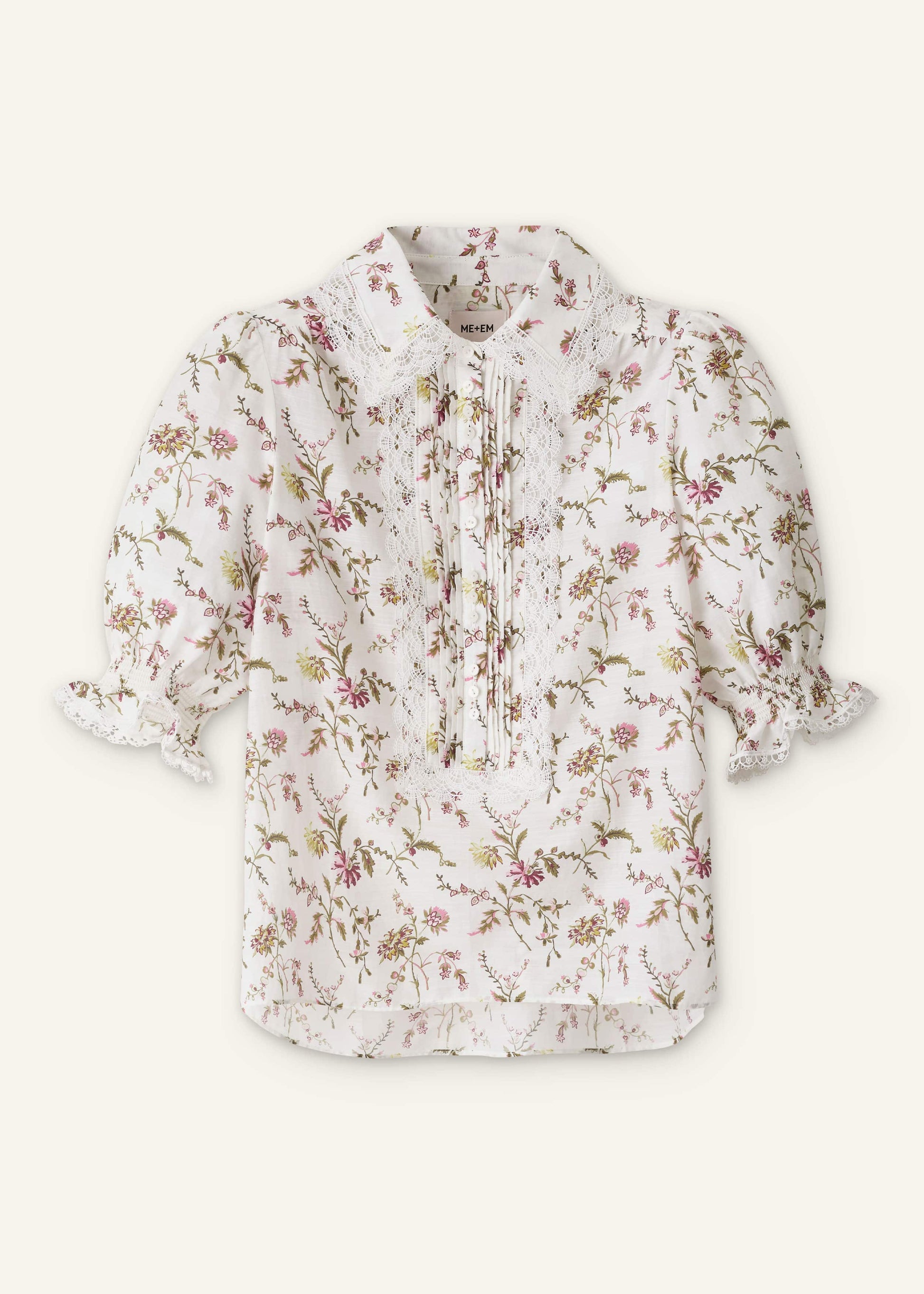 ME and EM Clothing Cream Silk Cotton Wild Spring Floral Print Blouse