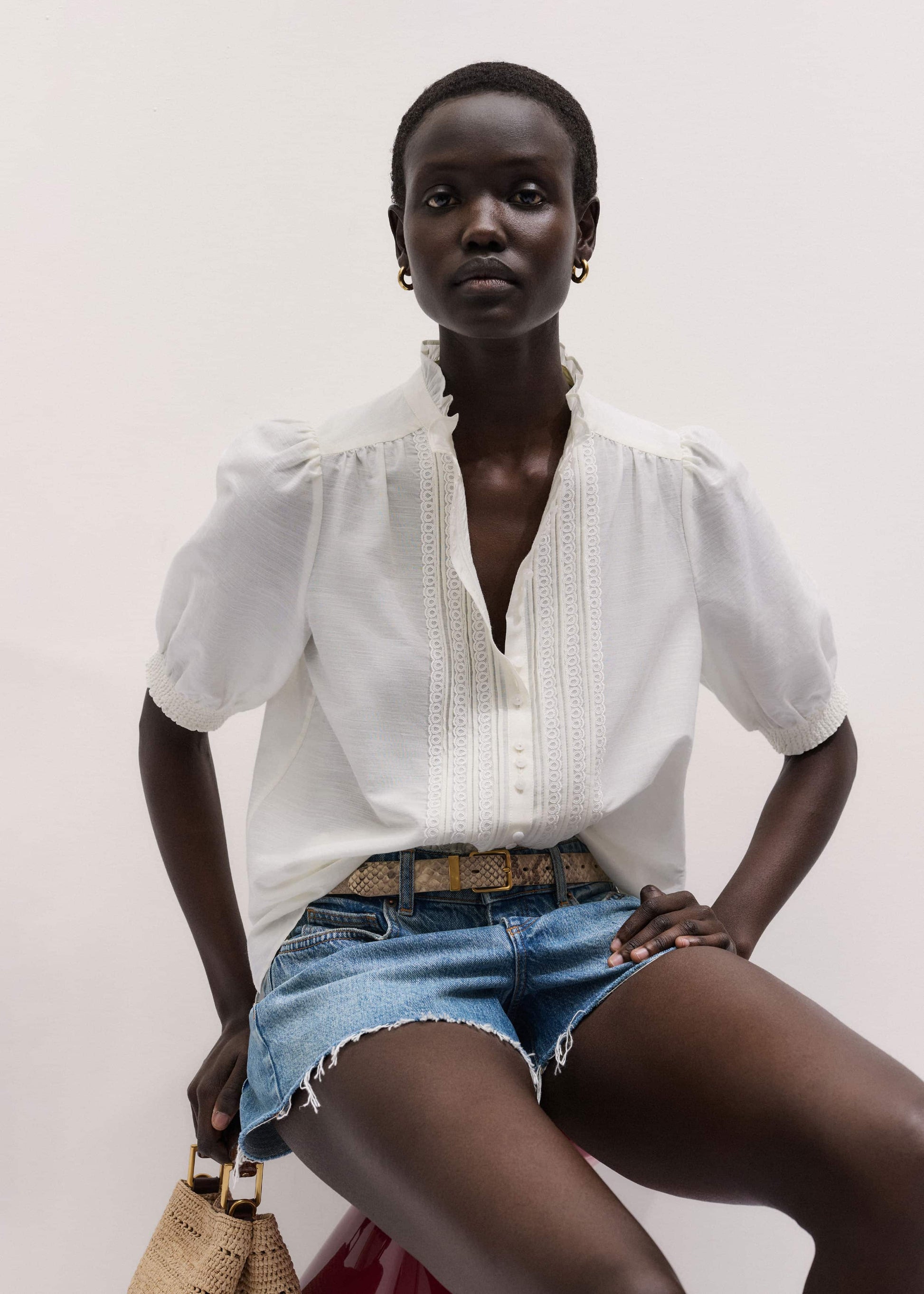 ME and EM Clothing White Silk + Cotton Pintuck Detail Straight Blouse