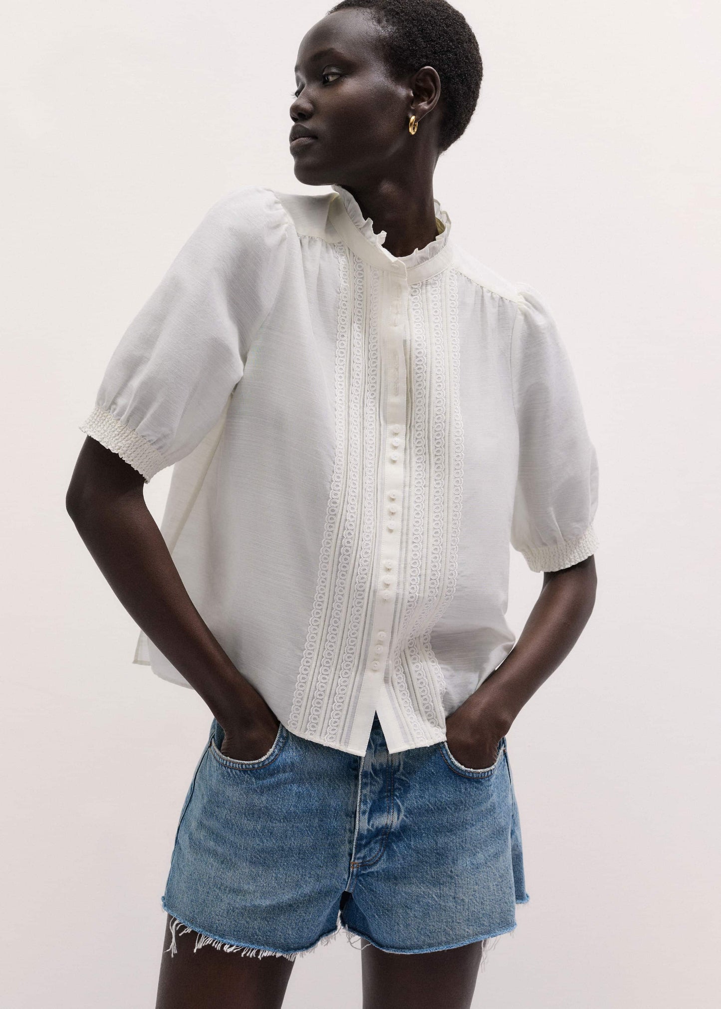 ME and EM Clothing White Silk + Cotton Pintuck Detail Straight Blouse