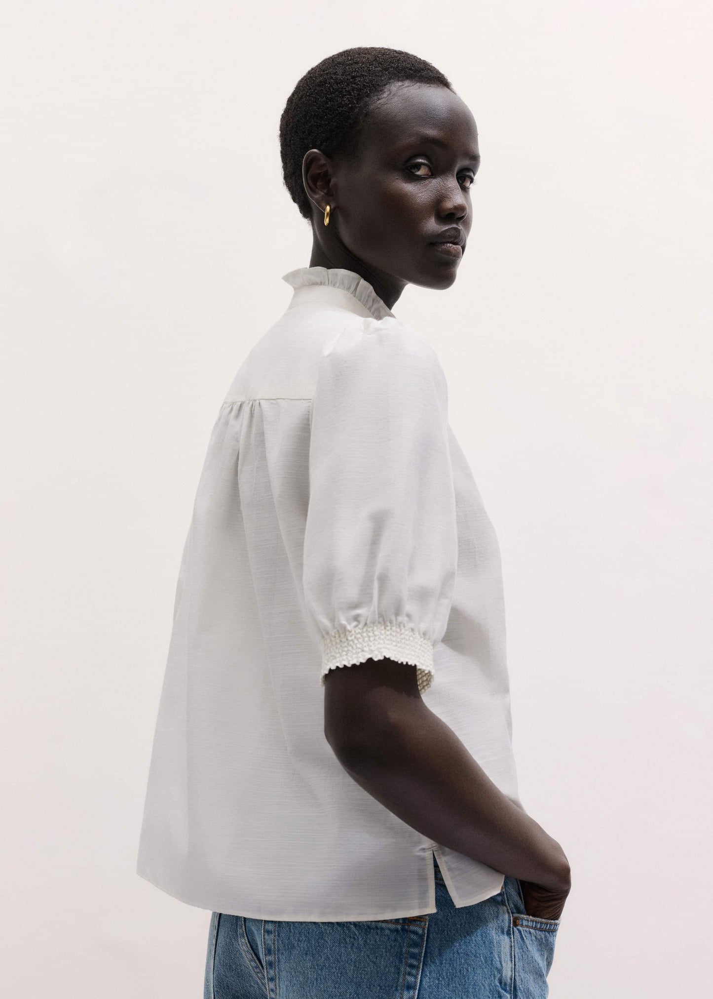 ME and EM Clothing White Silk + Cotton Pintuck Detail Straight Blouse