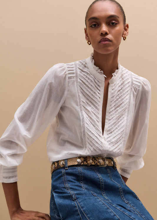 ME and EM Clothing White Delicate Pintucked High-Neck Top