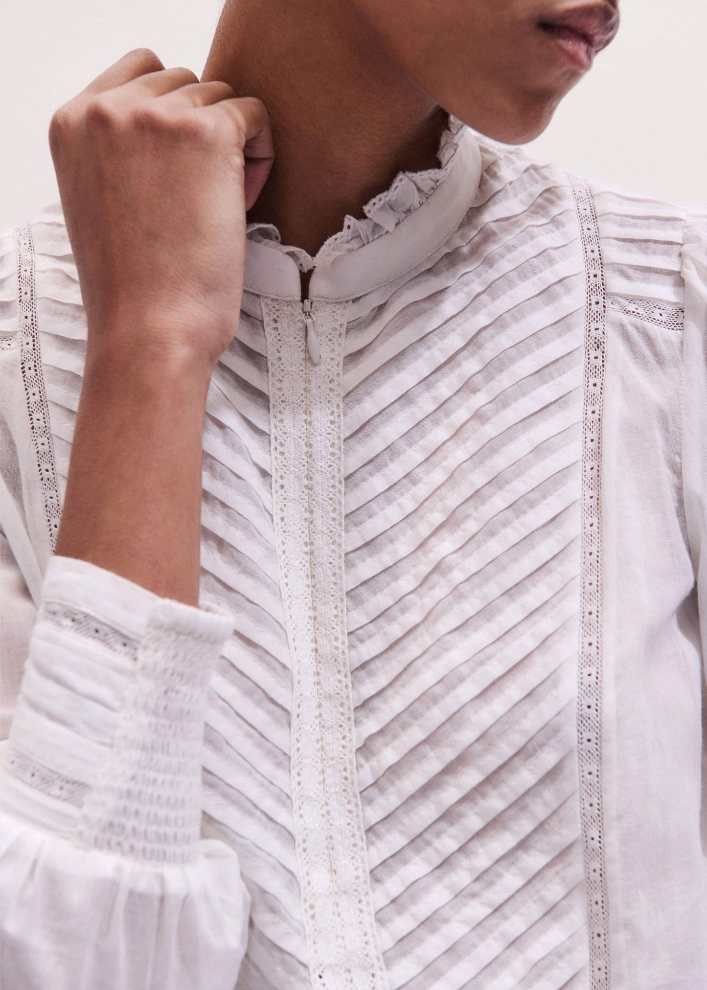 ME and EM Clothing White Delicate Pintucked High-Neck Top