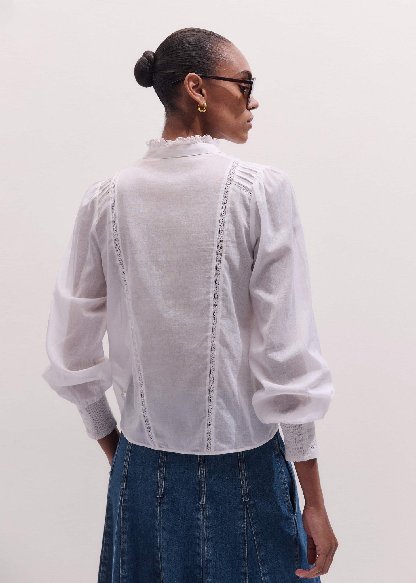 ME and EM Clothing White Delicate Pintucked High-Neck Top