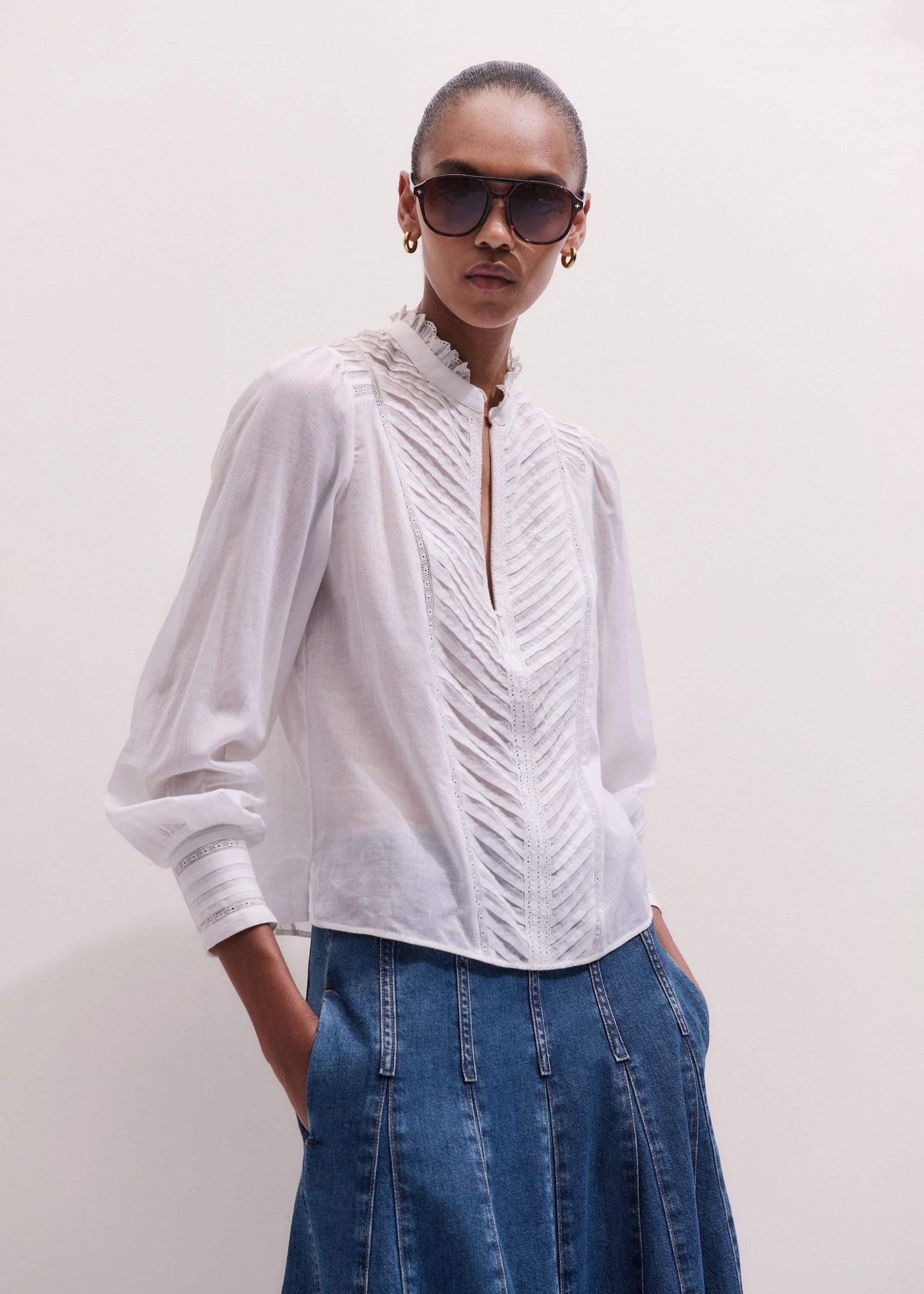 ME and EM Clothing White Delicate Pintucked High-Neck Top