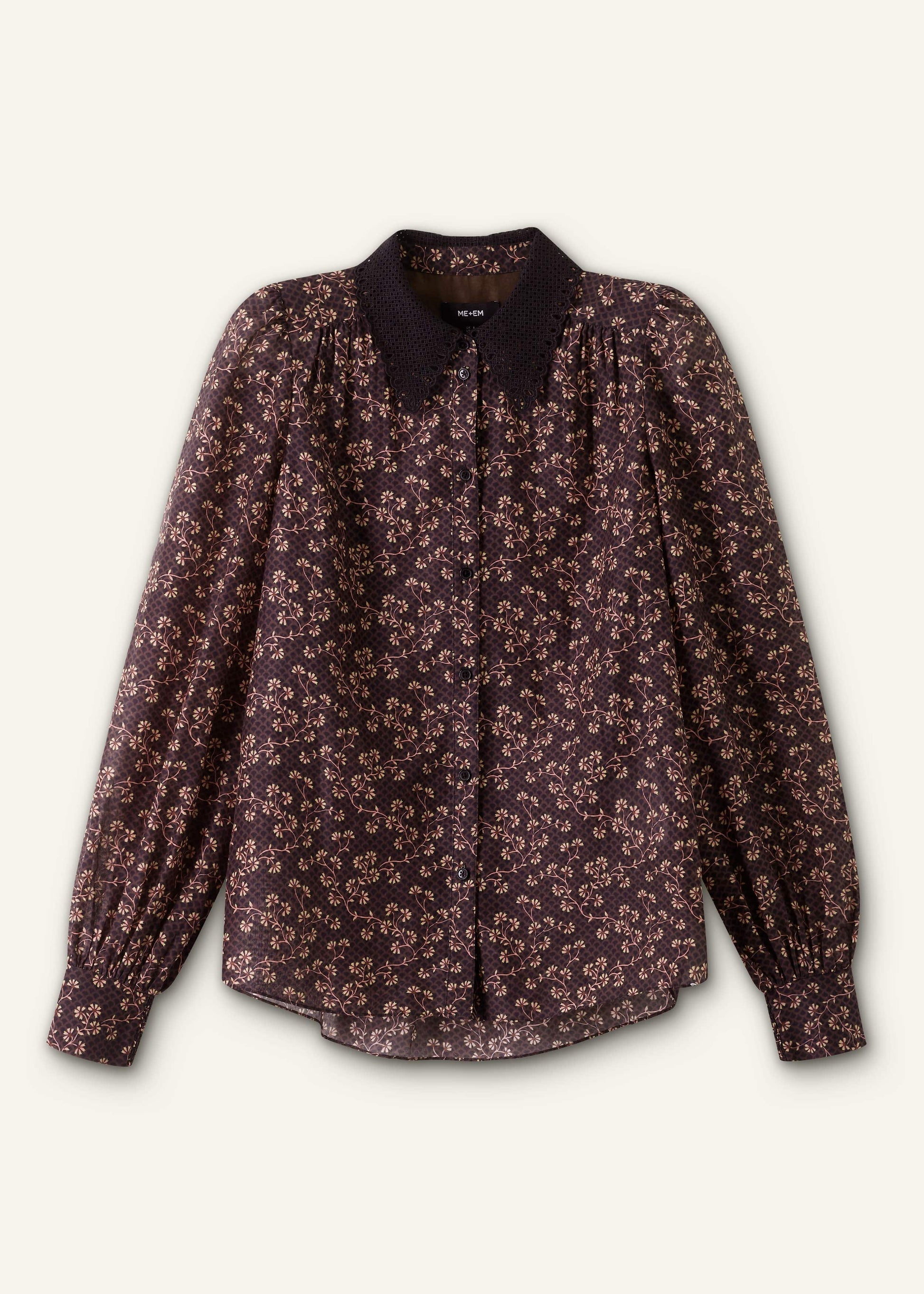 ME and EM Clothing Black Scallop Daisy Print Feature Collar Blouse