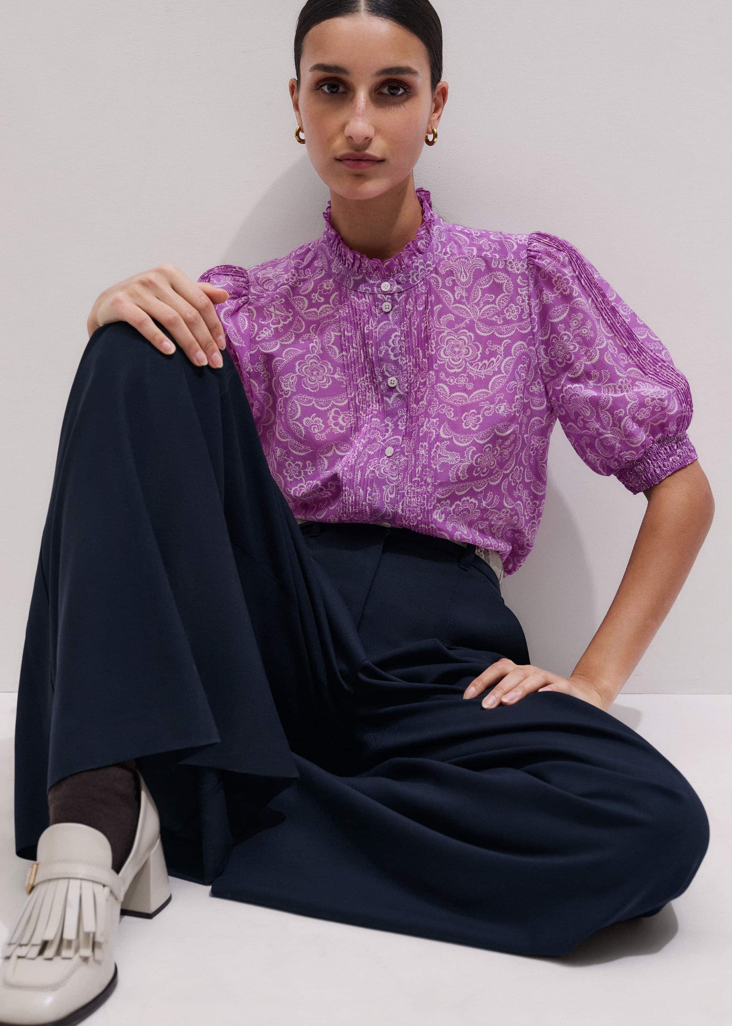 ME and EM Clothing Purple Silk Cotton Entangled Lace Print Straight Blouse