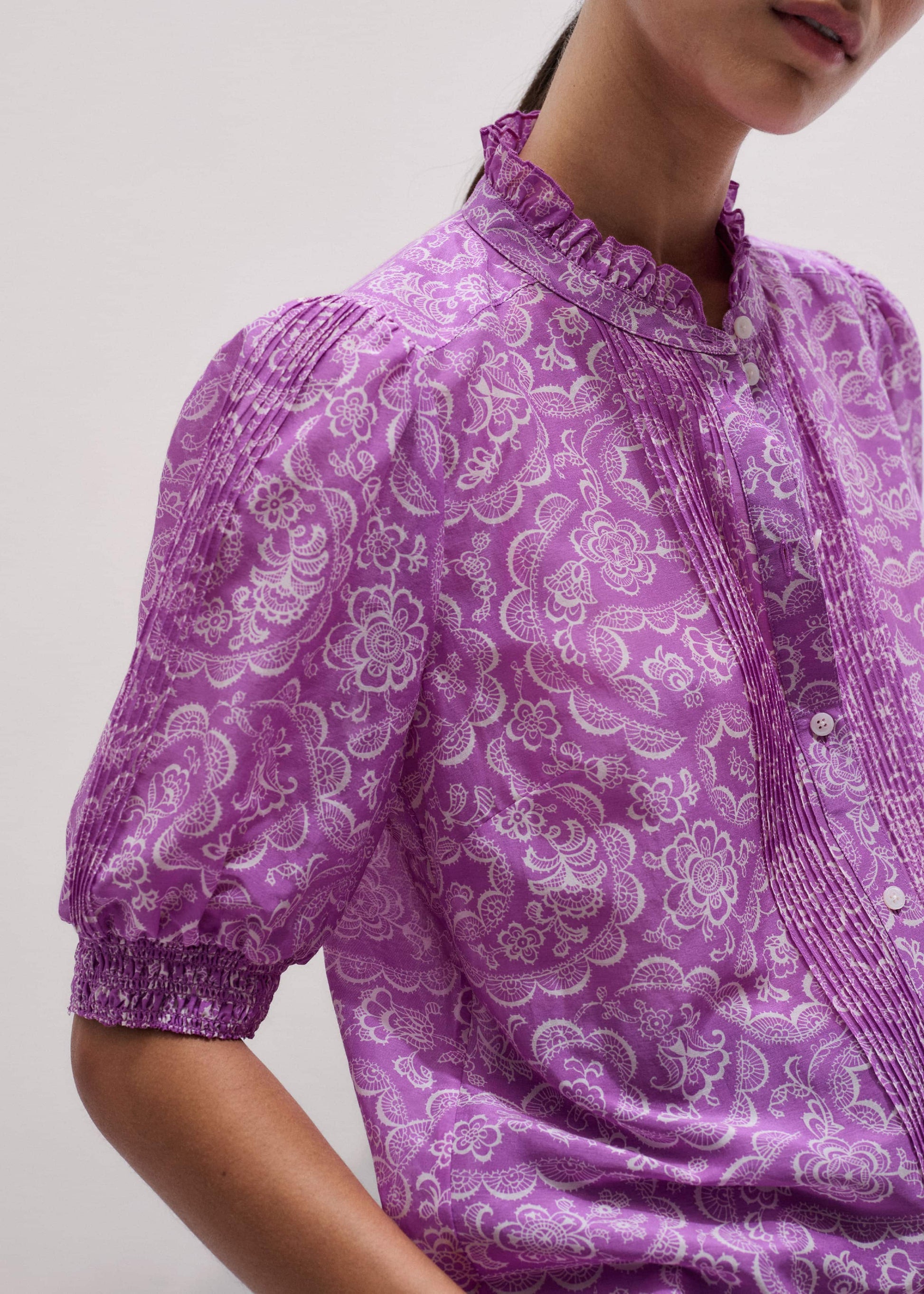 ME and EM Clothing Purple Silk Cotton Entangled Lace Print Straight Blouse