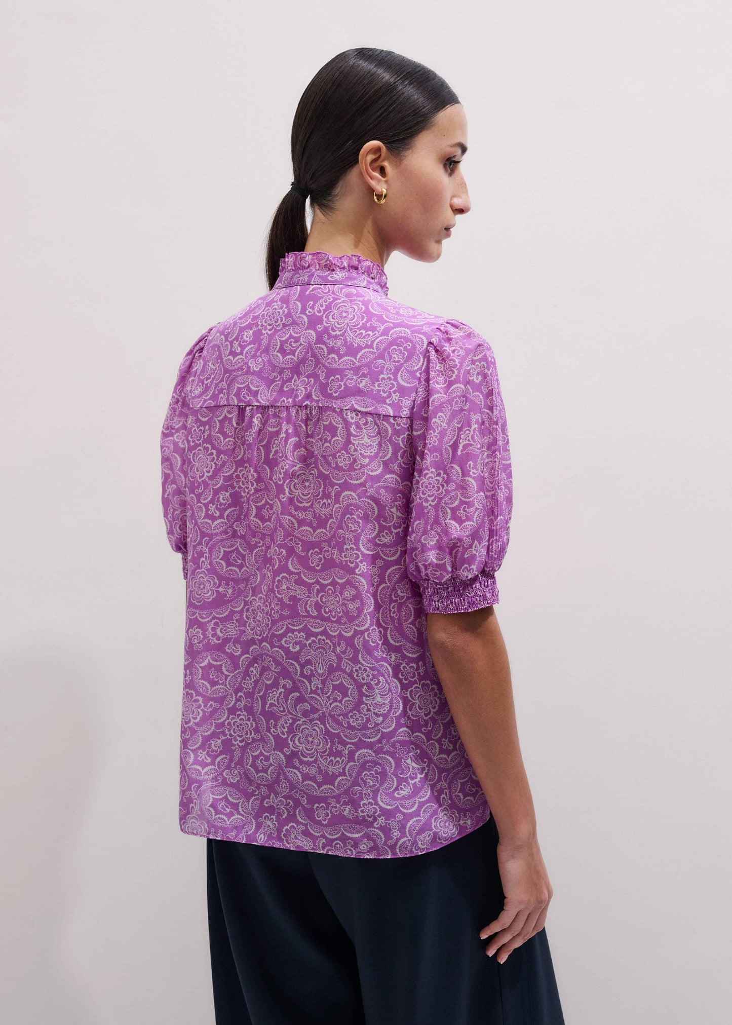 ME and EM Clothing Purple Silk Cotton Entangled Lace Print Straight Blouse