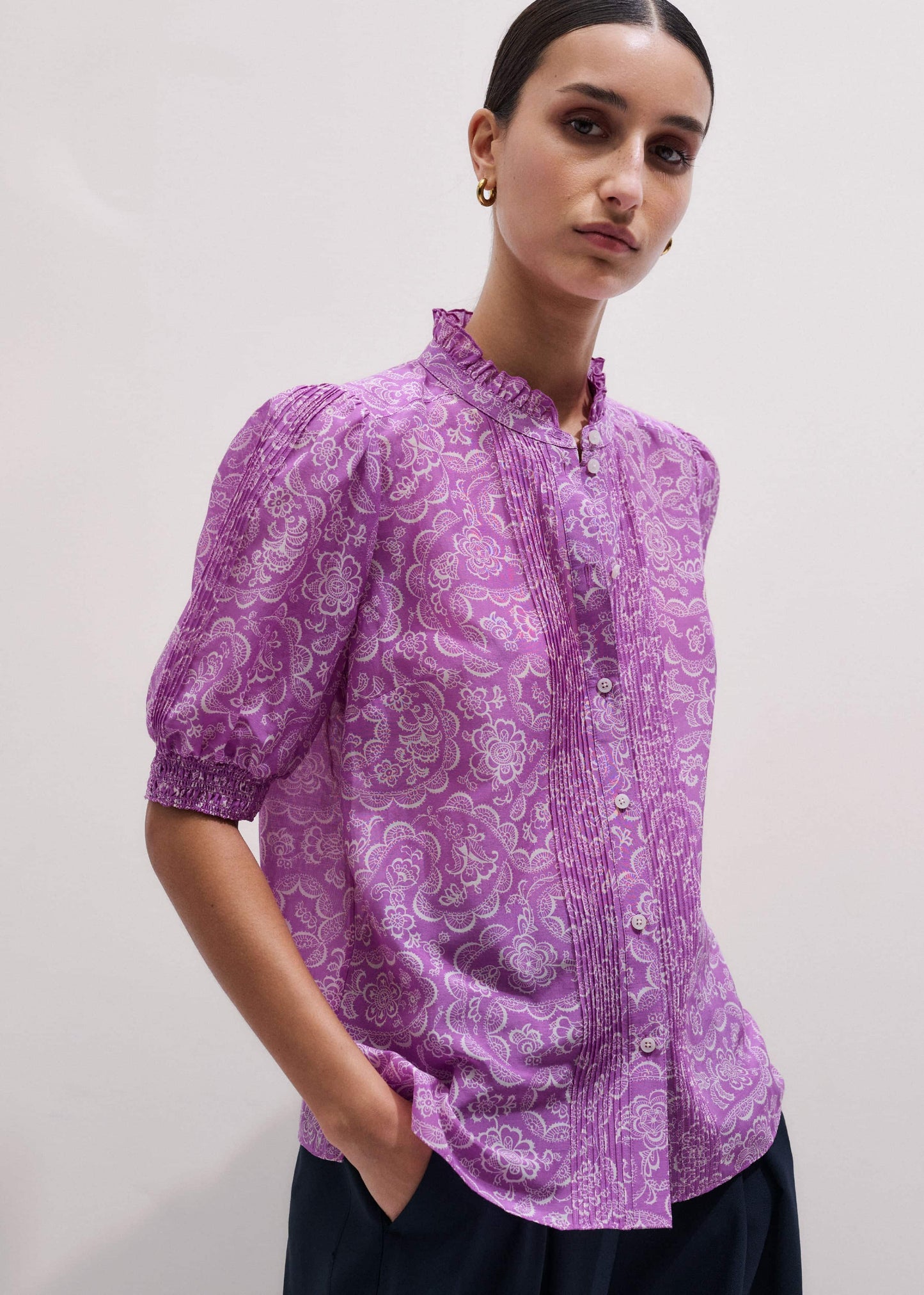 ME and EM Clothing Purple Silk Cotton Entangled Lace Print Straight Blouse