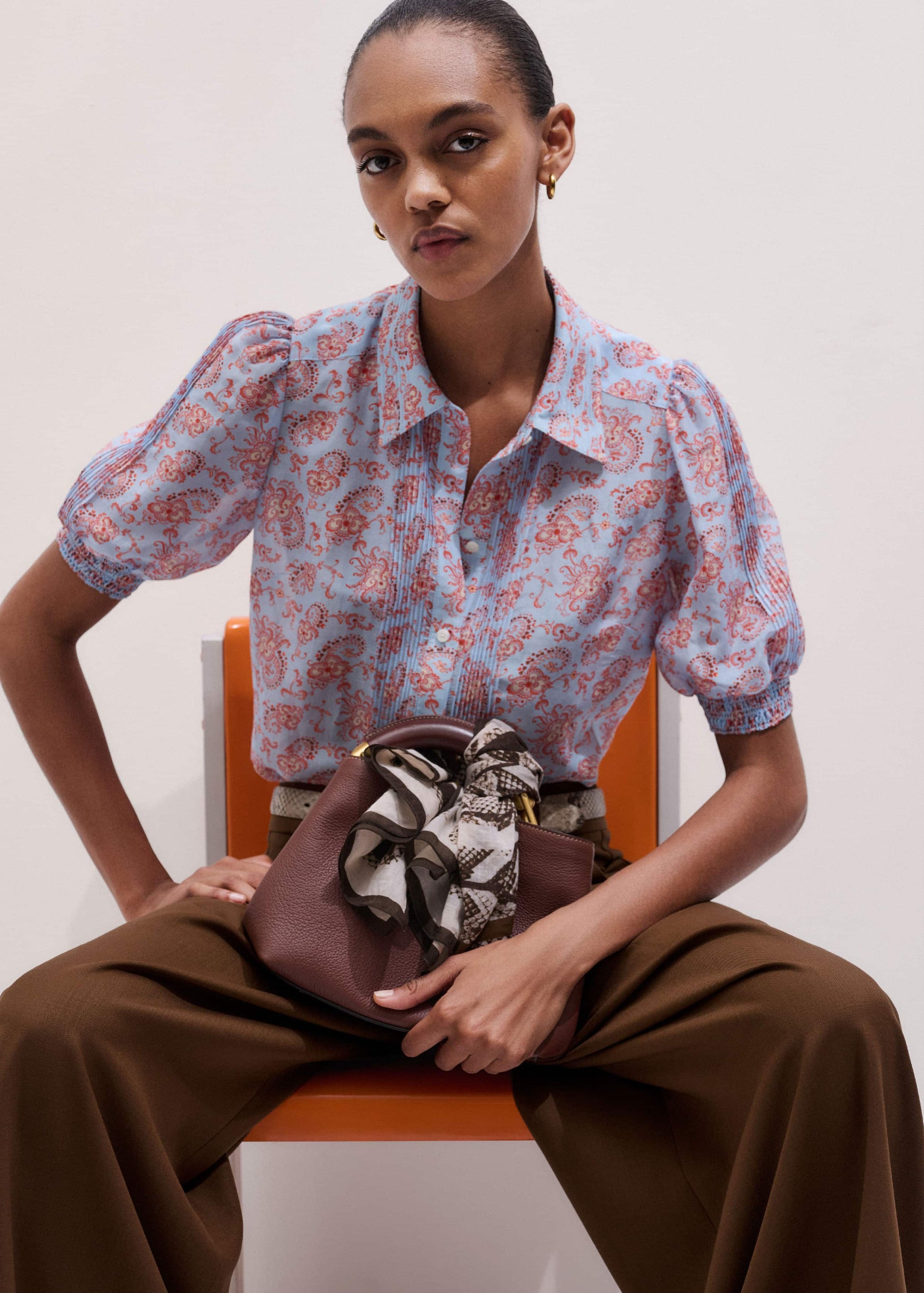 ME and EM Clothing Blue Silk Cotton Gilded Paisley Print Straight Blouse