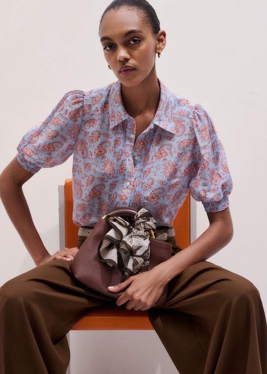 ME and EM Clothing Blue Silk Cotton Gilded Paisley Print Straight Blouse