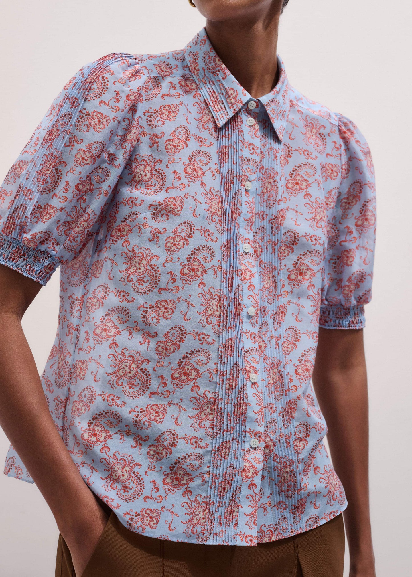 ME and EM Clothing Blue Silk Cotton Gilded Paisley Print Straight Blouse