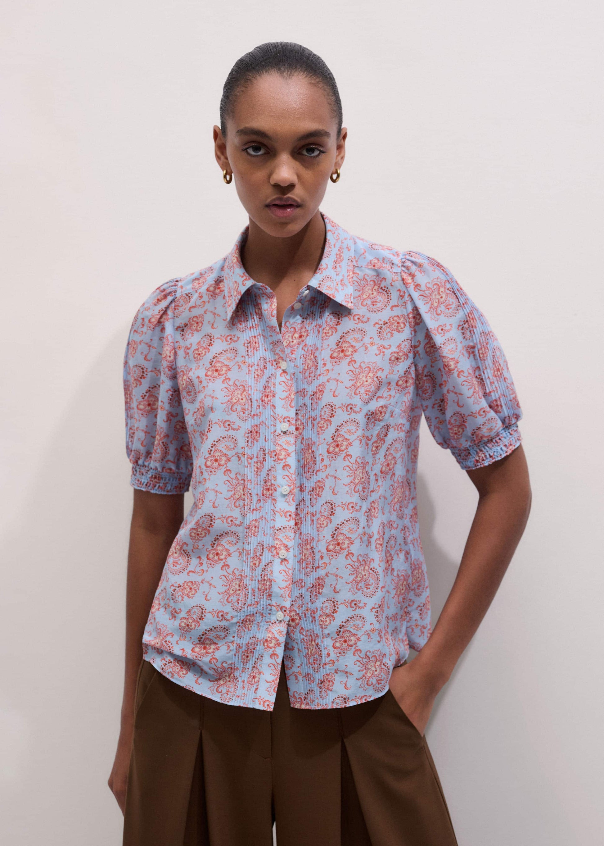 ME and EM Clothing Blue Silk Cotton Gilded Paisley Print Straight Blouse
