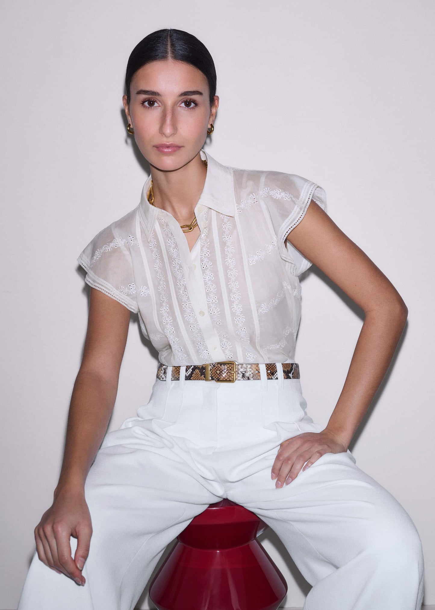 ME and EM Clothing Cream Silk Cotton Embroidery Collar Swing Blouse