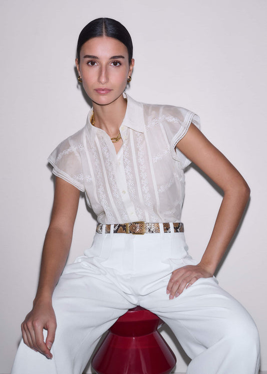 ME and EM Clothing Cream Silk Cotton Embroidery Collar Swing Blouse