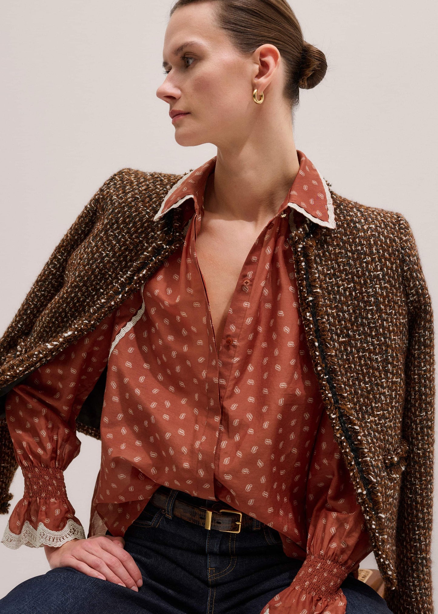 ME and EM Clothing Orange Spaced Paisley Motif Print Blouse