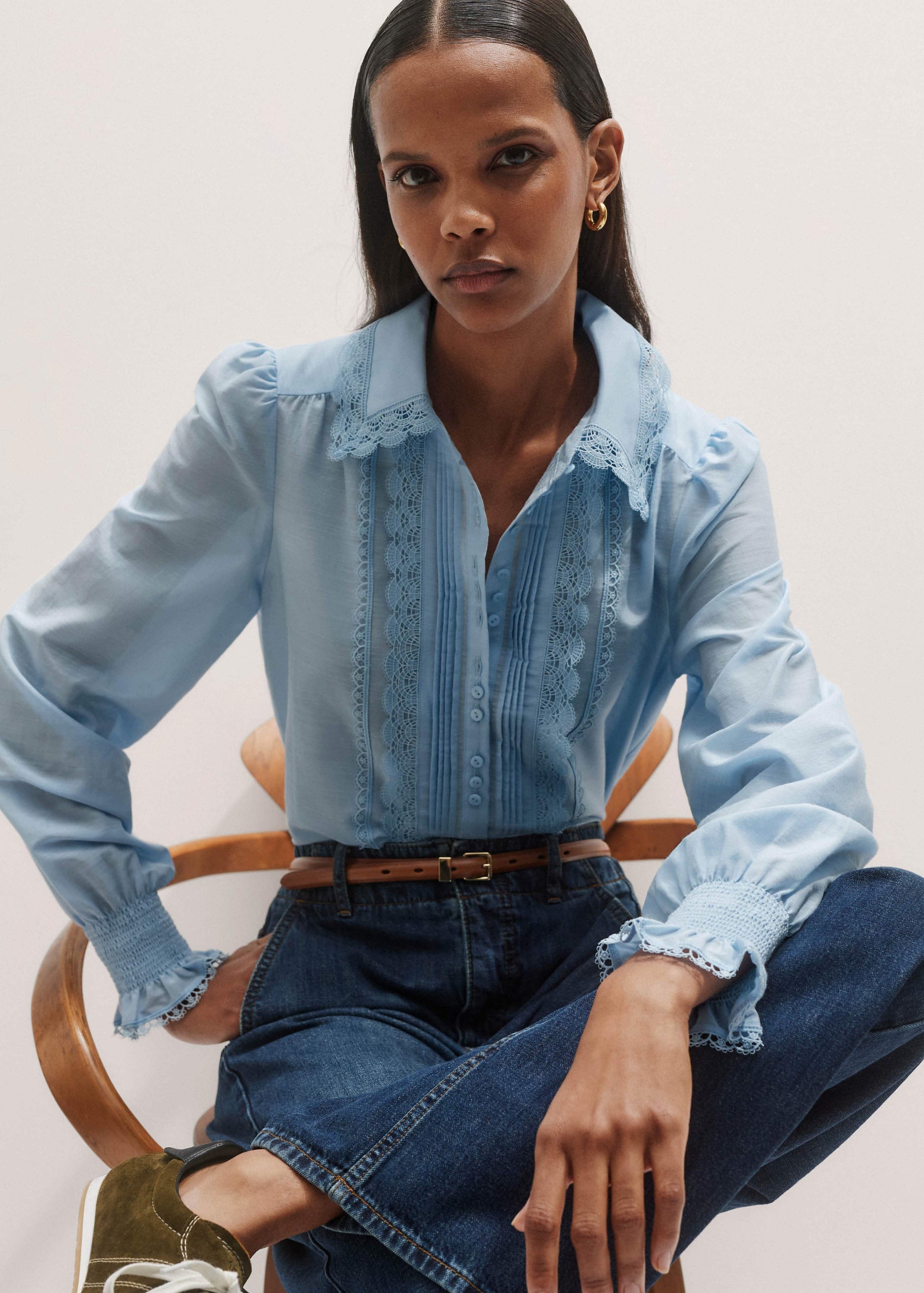 ME and EM Clothing Blue Silk Cotton Lace Trim Straight Blouse
