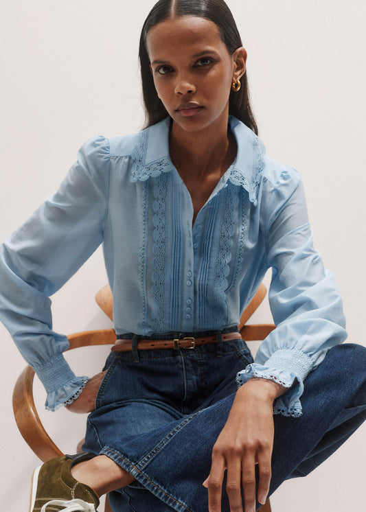 ME and EM Clothing Blue Silk Cotton Lace Trim Straight Blouse