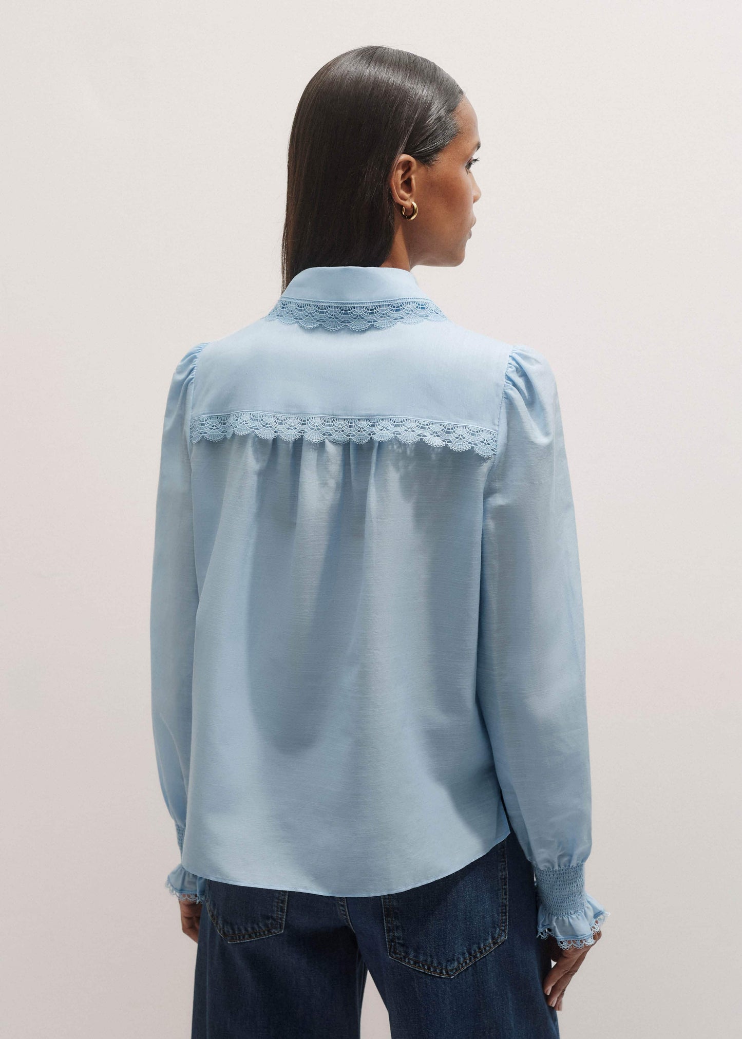 ME and EM Clothing Blue Silk Cotton Lace Trim Straight Blouse