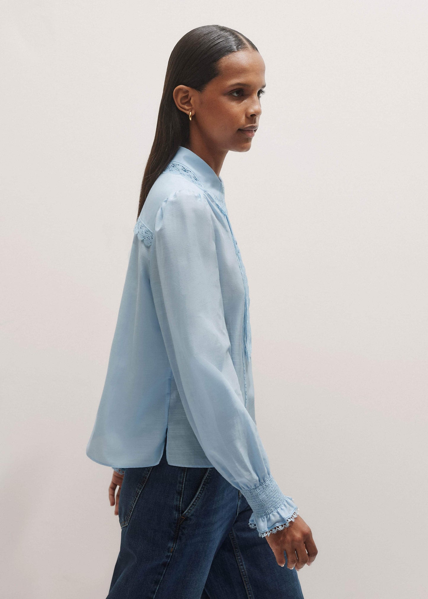 ME and EM Clothing Blue Silk Cotton Lace Trim Straight Blouse