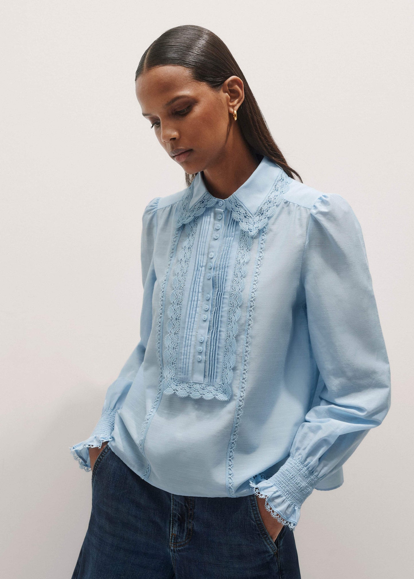 ME and EM Clothing Blue Silk Cotton Lace Trim Straight Blouse