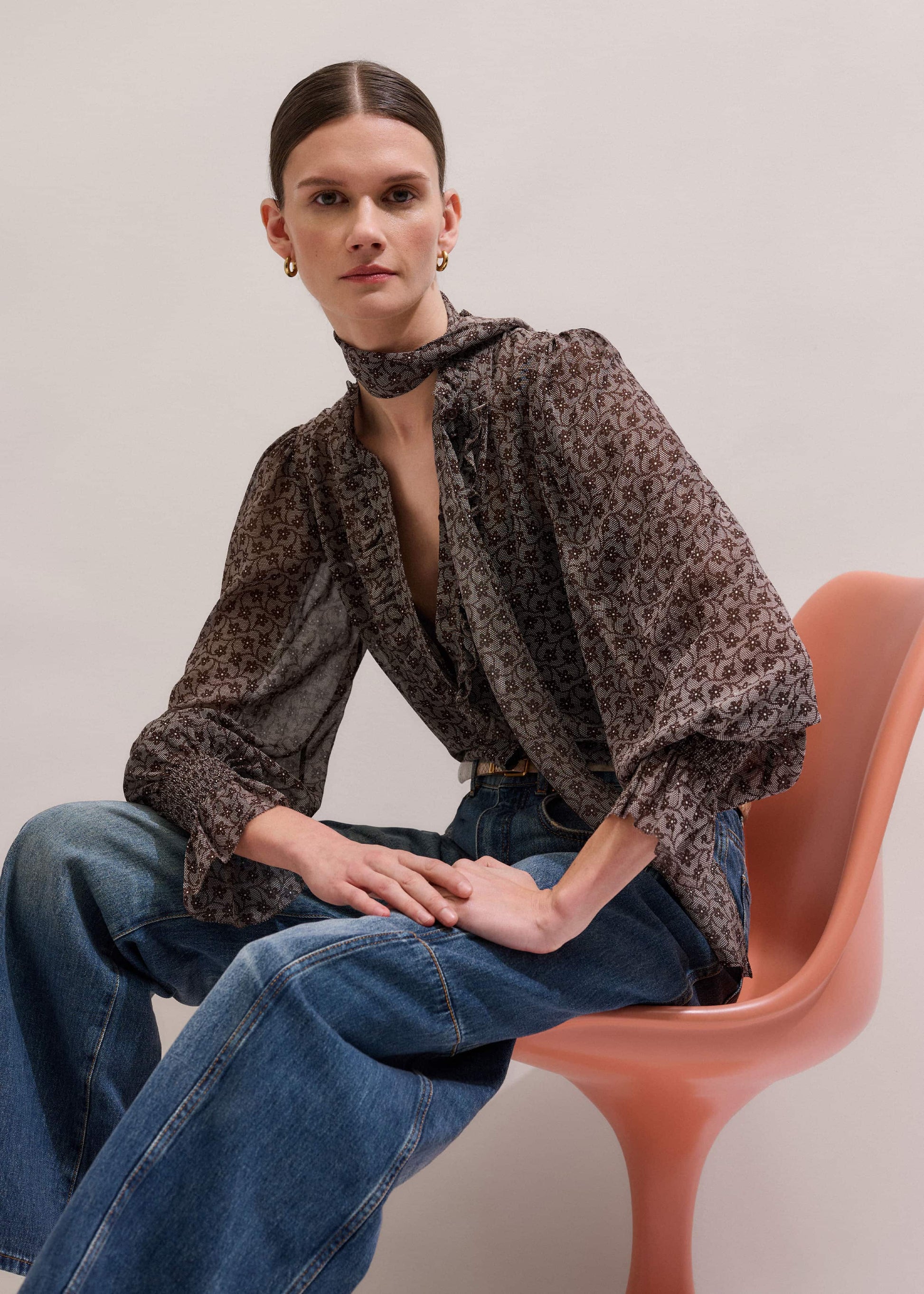 ME and EM Clothing Brown Silk Lace Print Straight In-The-Details Blouse
